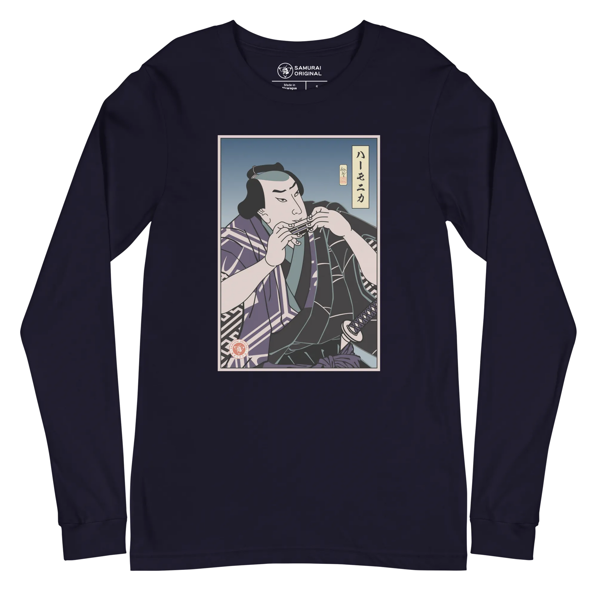 Samurai Harmonica Player Music Ukiyo-e Unisex Long Sleeve Tee - Navy / S