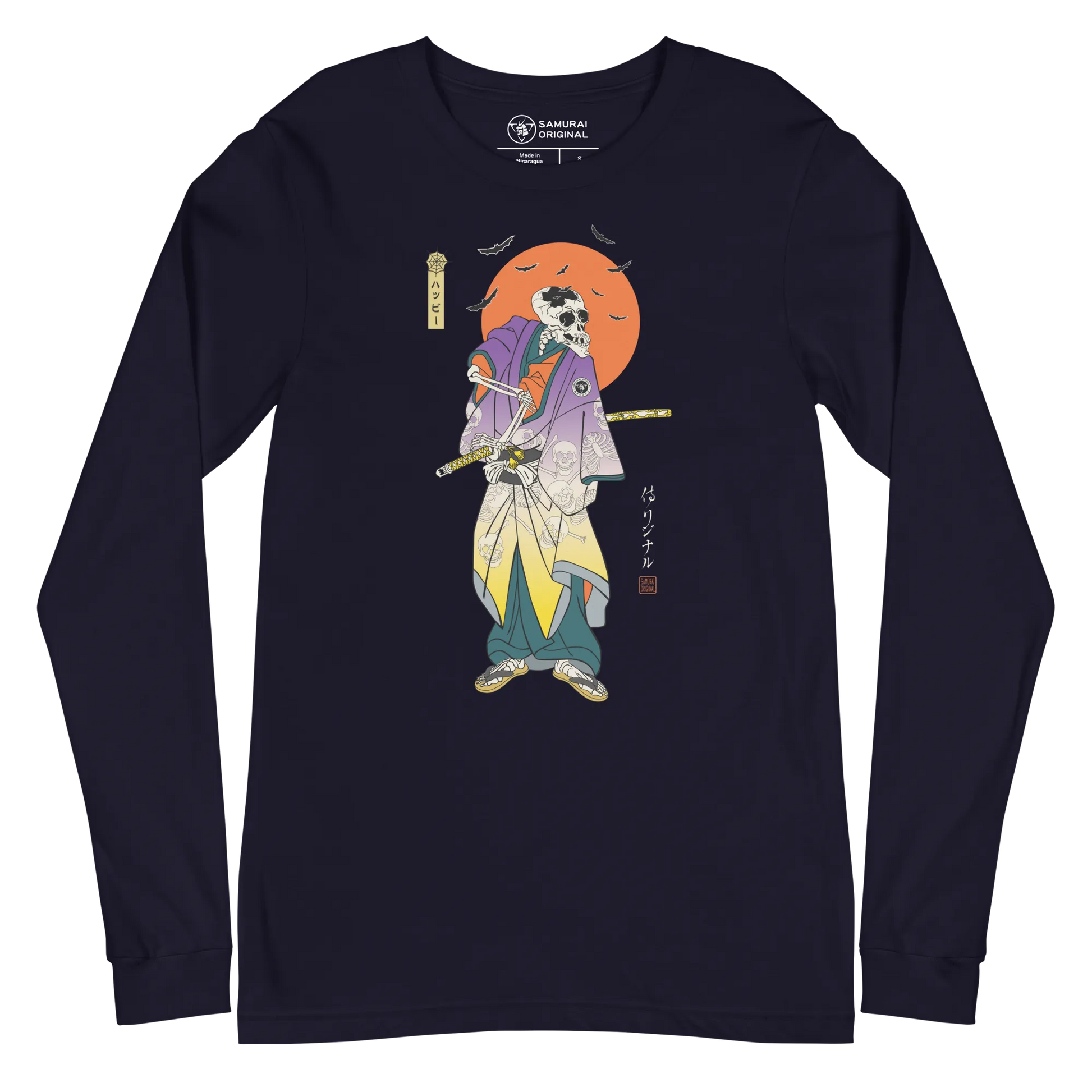 Halloween Samurai Skeleton Japanese Ukiyo-e Unisex Long Sleeve Tee - Navy / S