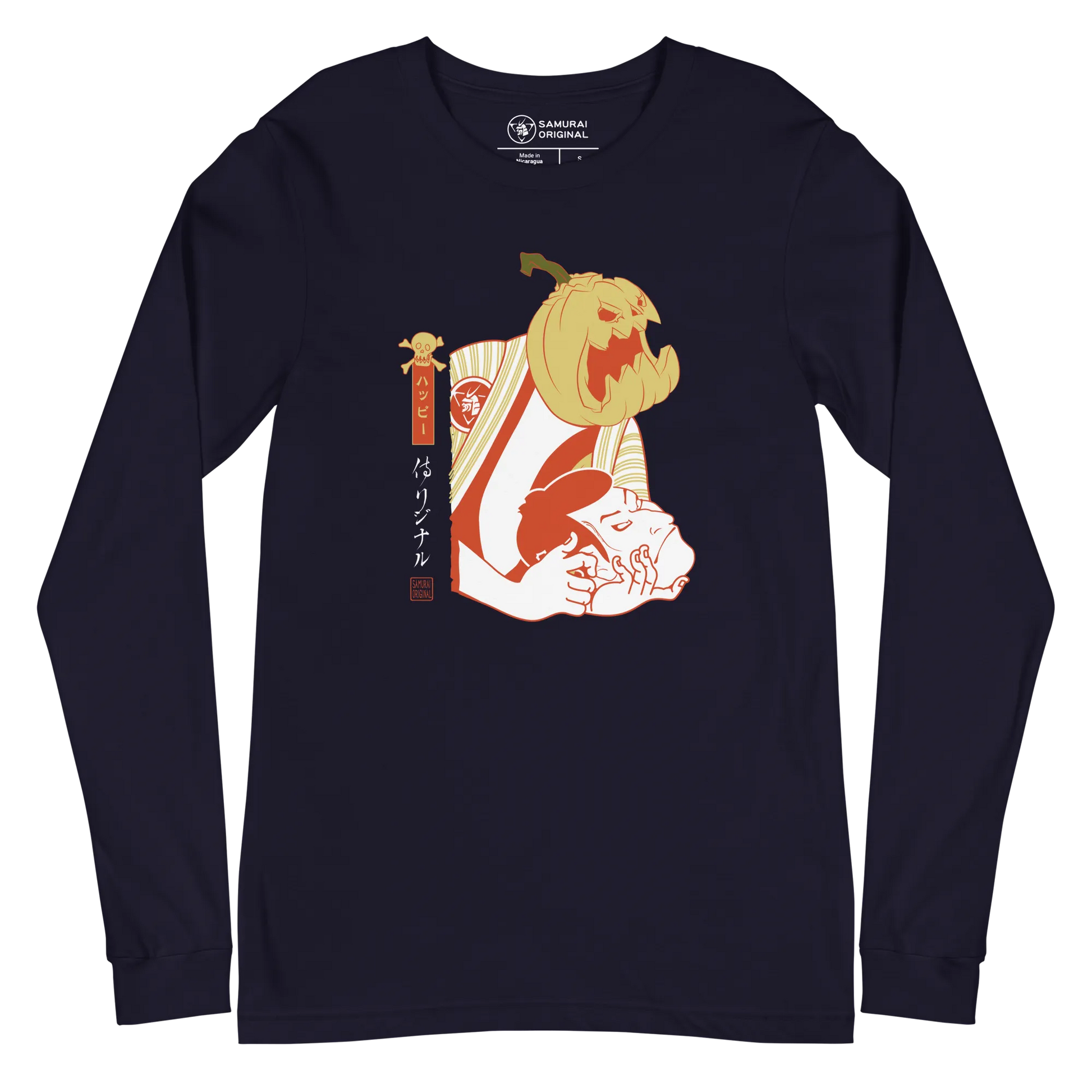 Halloween Pumpkin Japanese Ukiyo-e Unisex Long Sleeve Tee - Navy / S