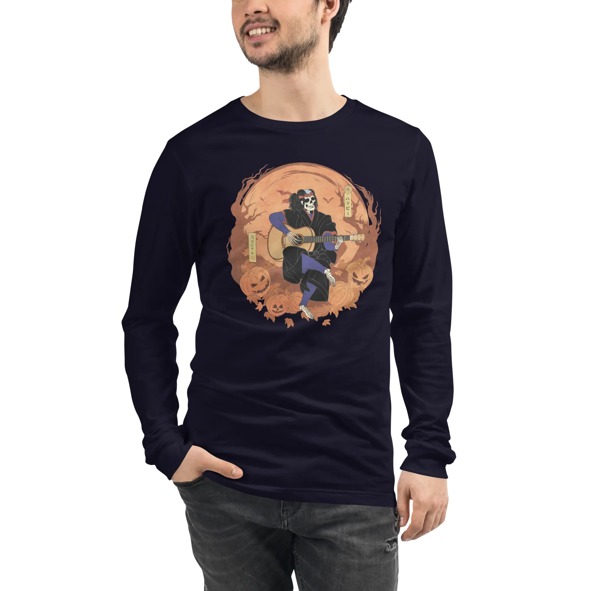 Halloween Skeleton Play Guitar Japanese Ukiyo-e Unisex Long Sleeve Tee -