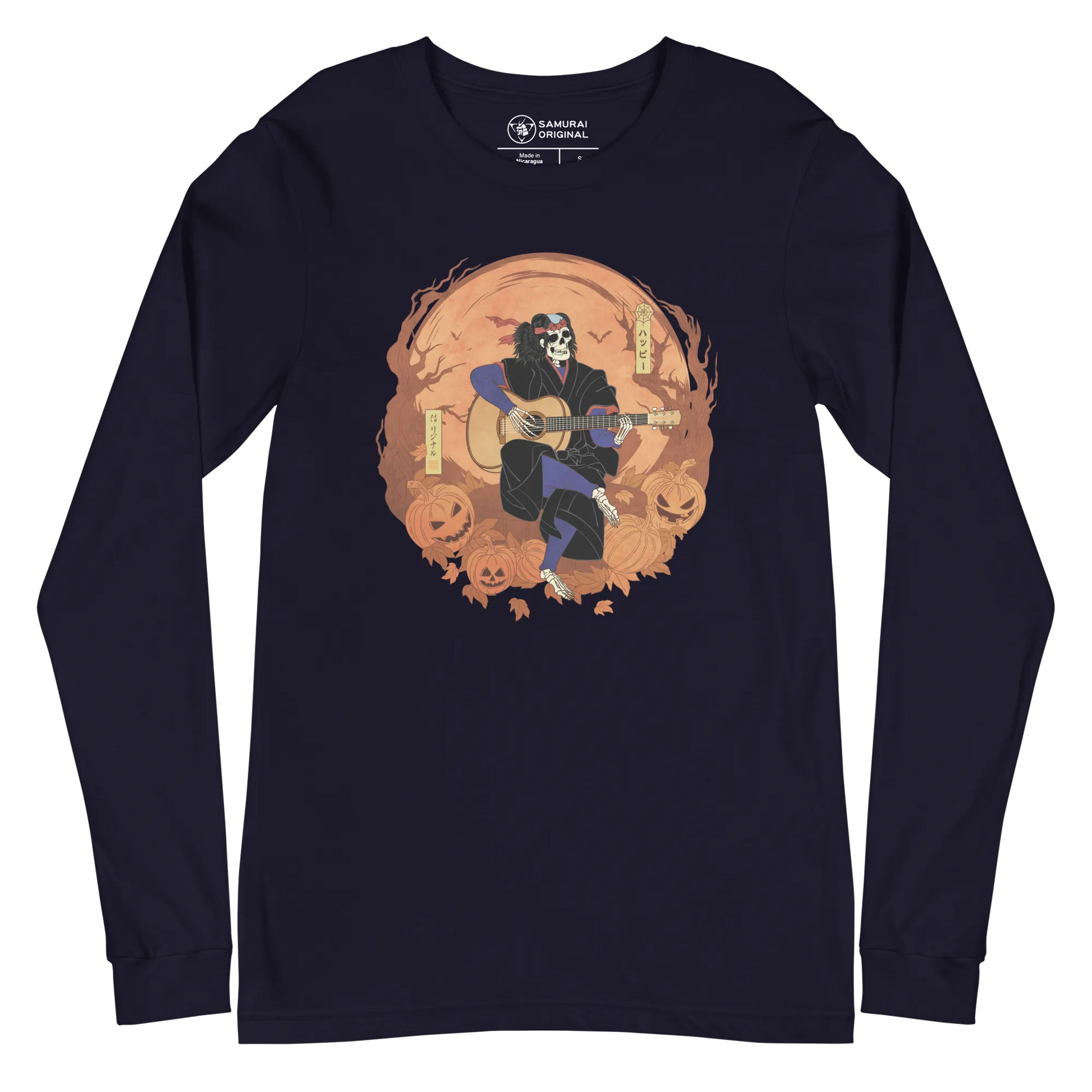 Halloween Skeleton Play Guitar Japanese Ukiyo-e Unisex Long Sleeve Tee - Navy / S