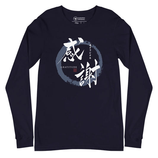 Gratitude Japanese Calligraphy Unisex Long Sleeve Tee - Navy / S