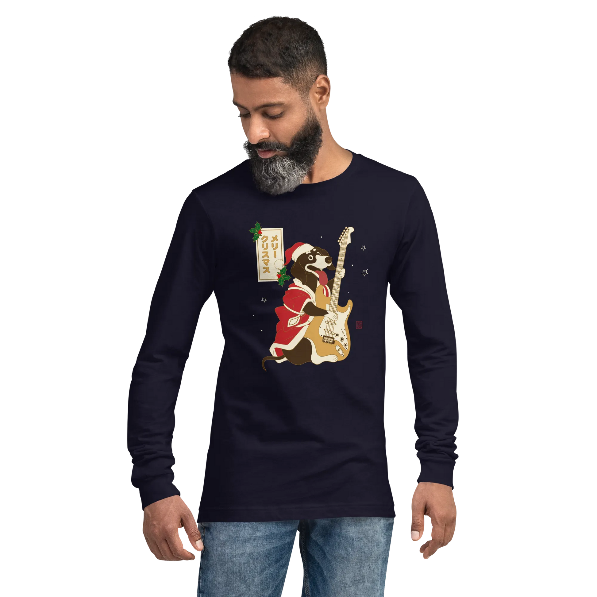 Dachshund Play Guitar Christmas Japanese Ukiyo-e Unisex Long Sleeve Tee -