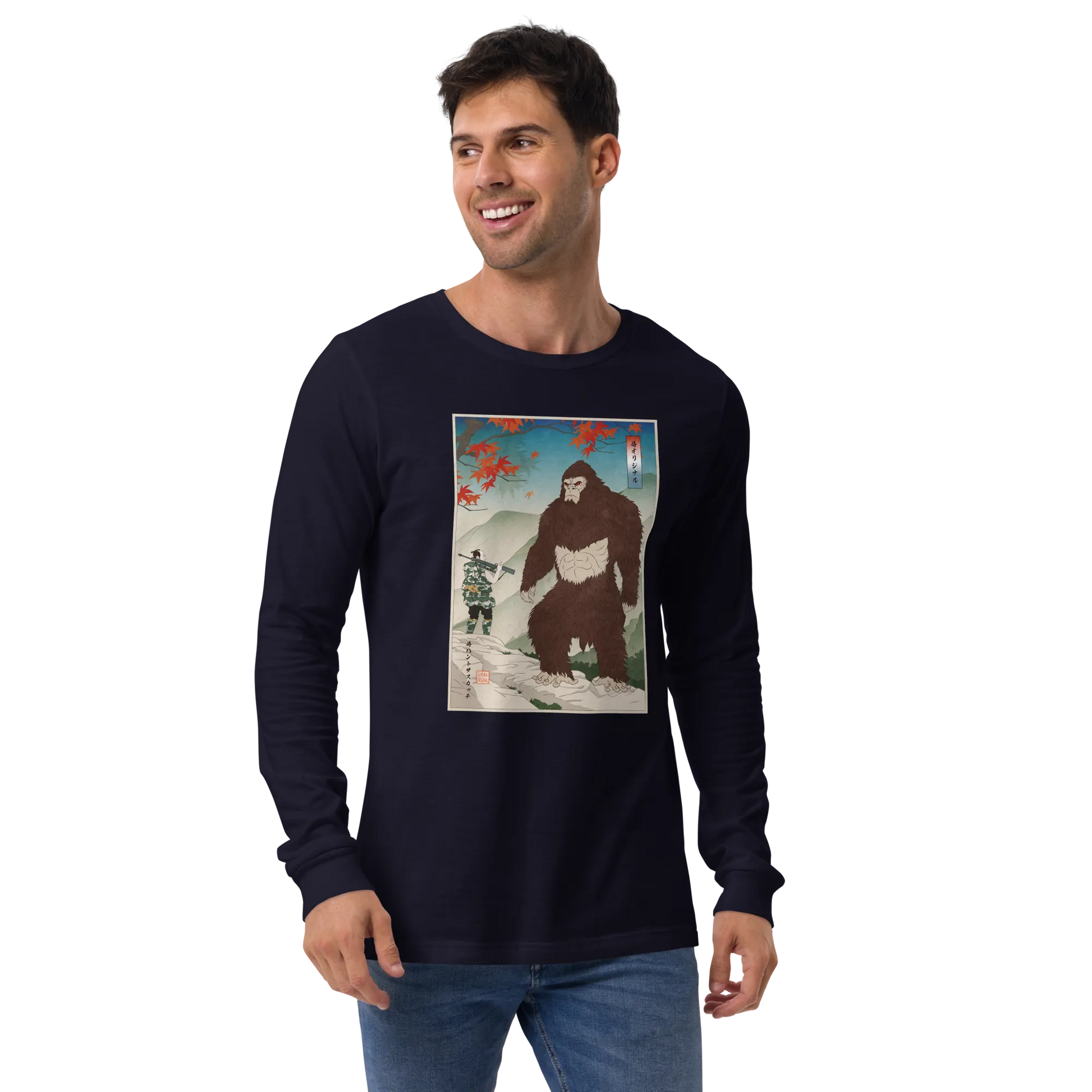 Samurai Hunts Sasquatch Japanese Ukiyo-e Unisex Long Sleeve Tee -