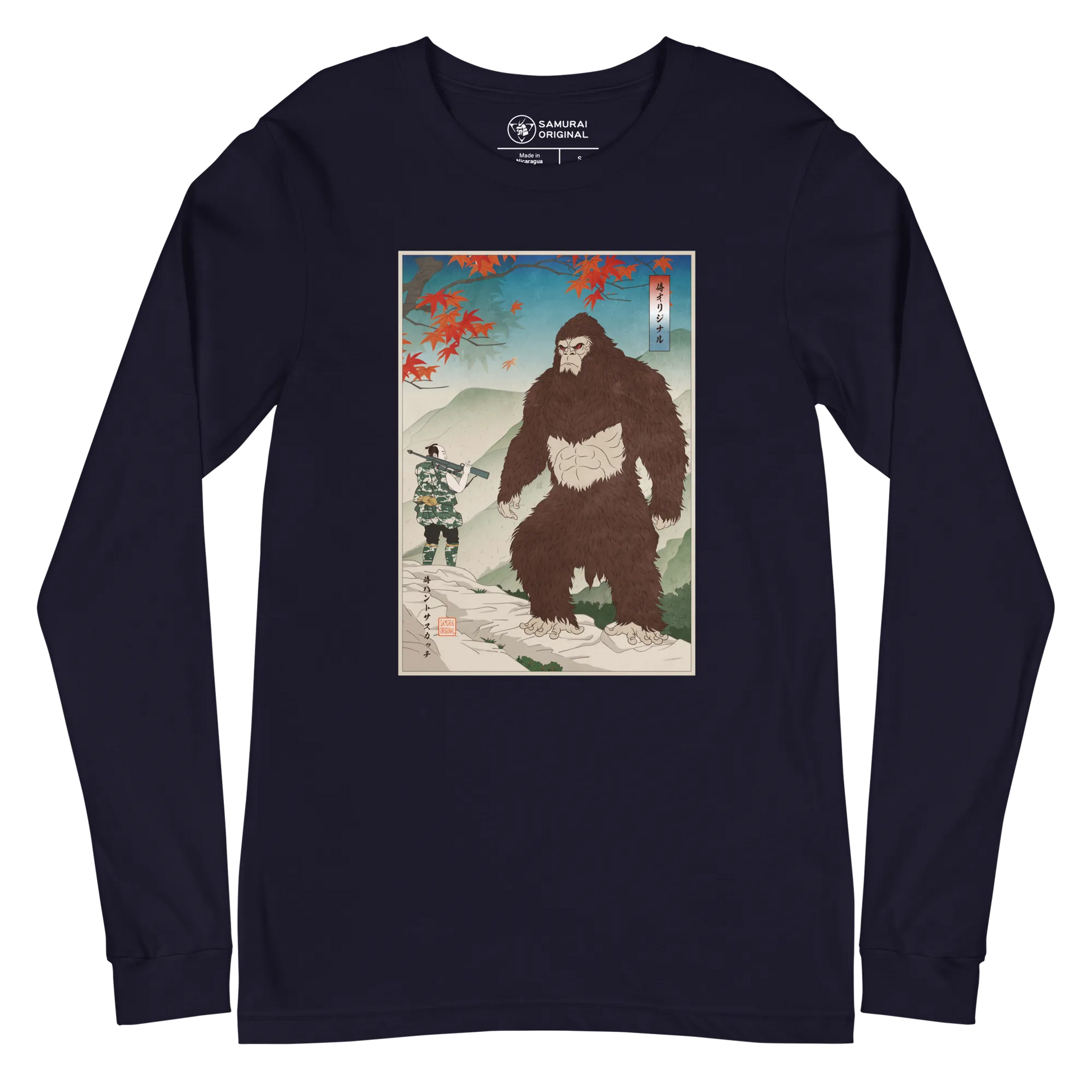 Samurai Hunts Sasquatch Japanese Ukiyo-e Unisex Long Sleeve Tee - Navy / S