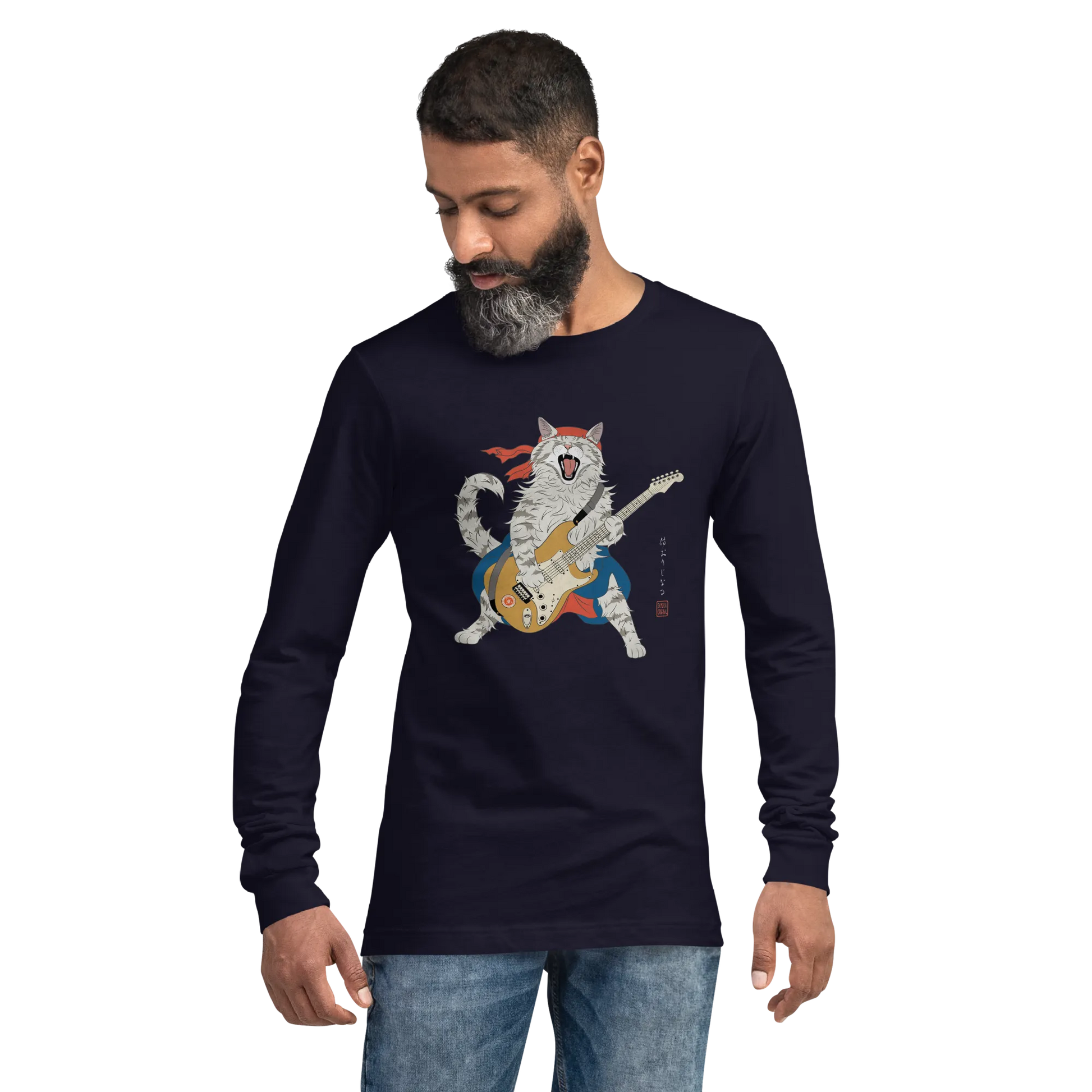 Cat Playing Guitar Japanese Ukiyo-e Unisex Long Sleeve Tee -