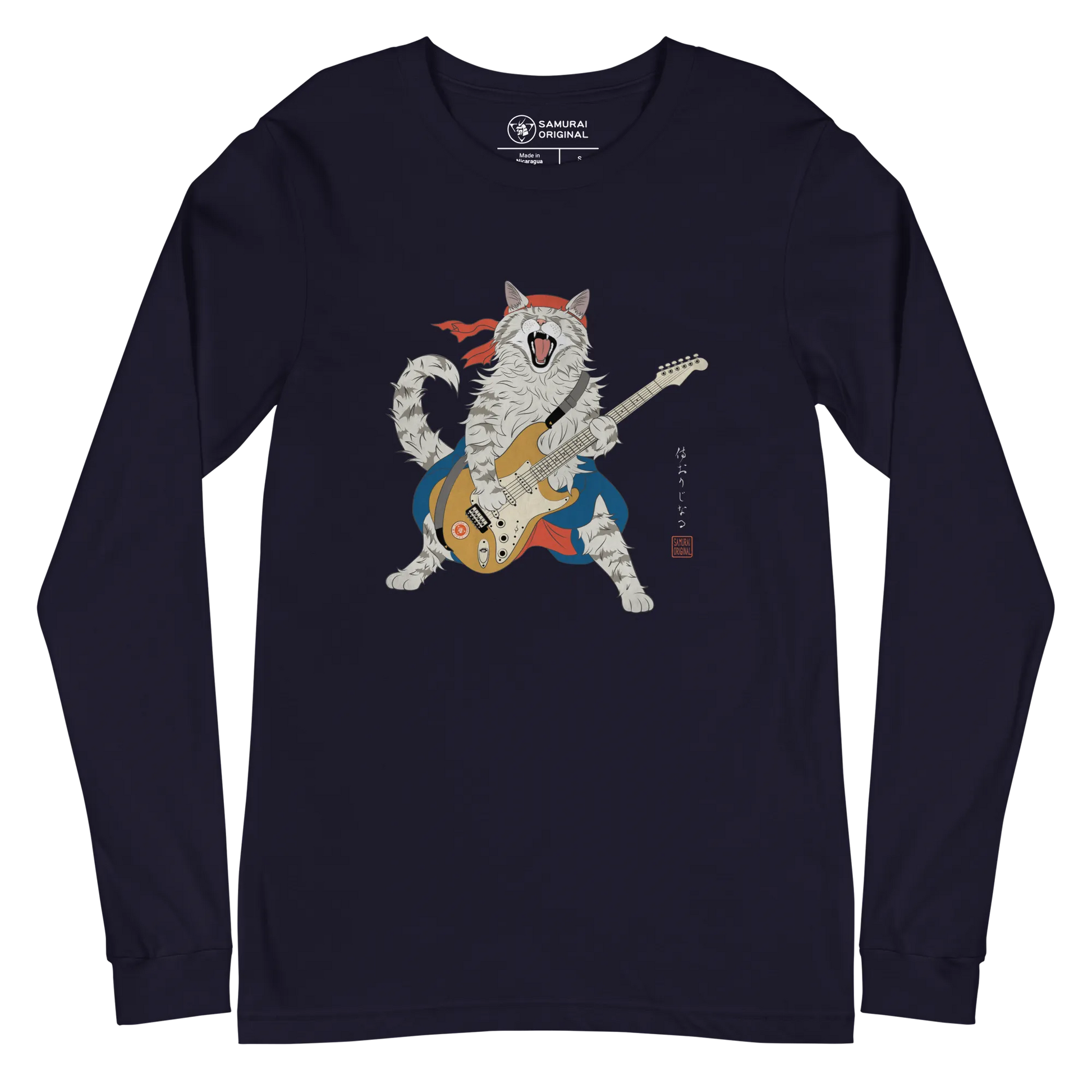 Cat Playing Guitar Japanese Ukiyo-e Unisex Long Sleeve Tee - Navy / S