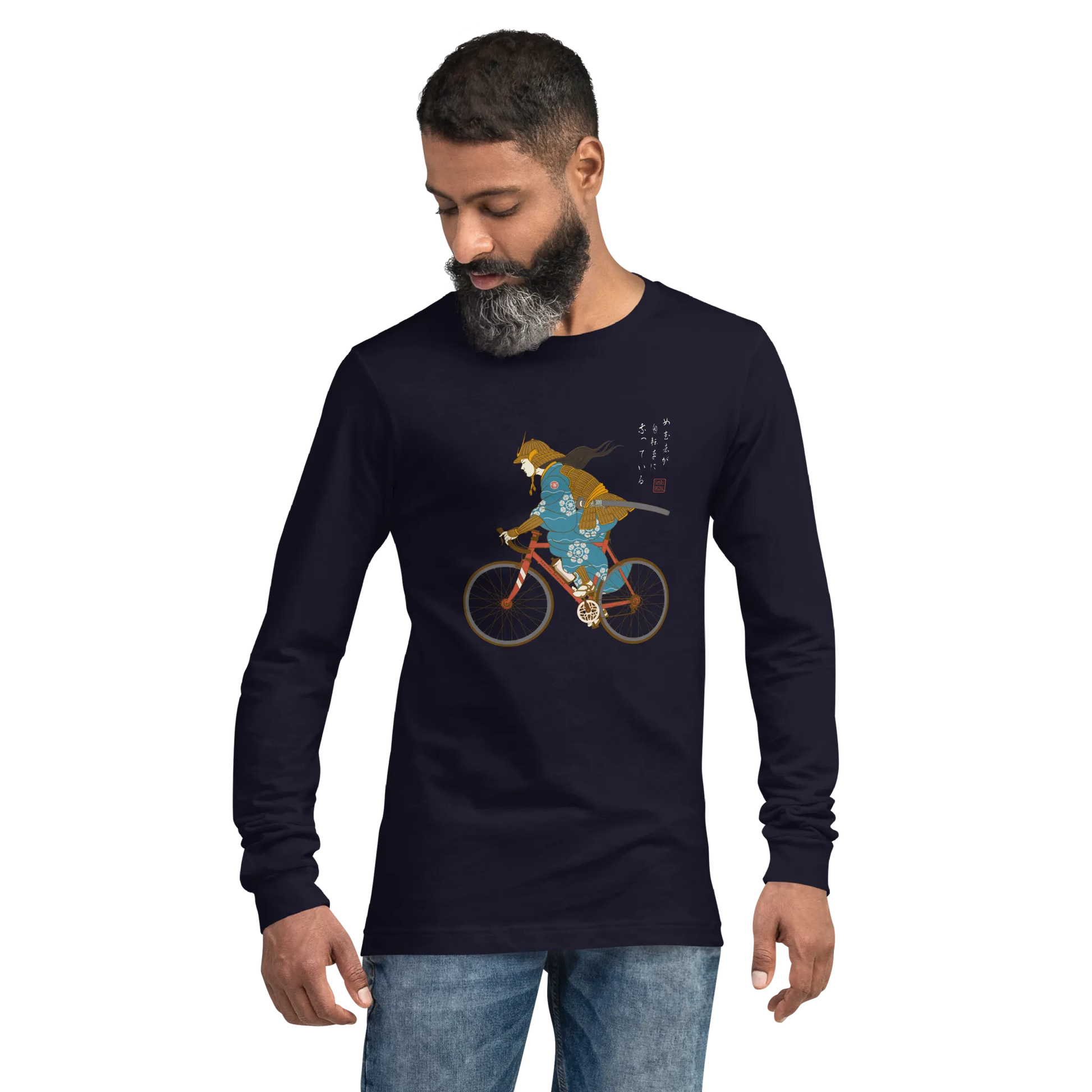 Onna Musha Riding Bicycle Japanese Ukiyo-e Unisex Long Sleeve Tee - Samurai Original