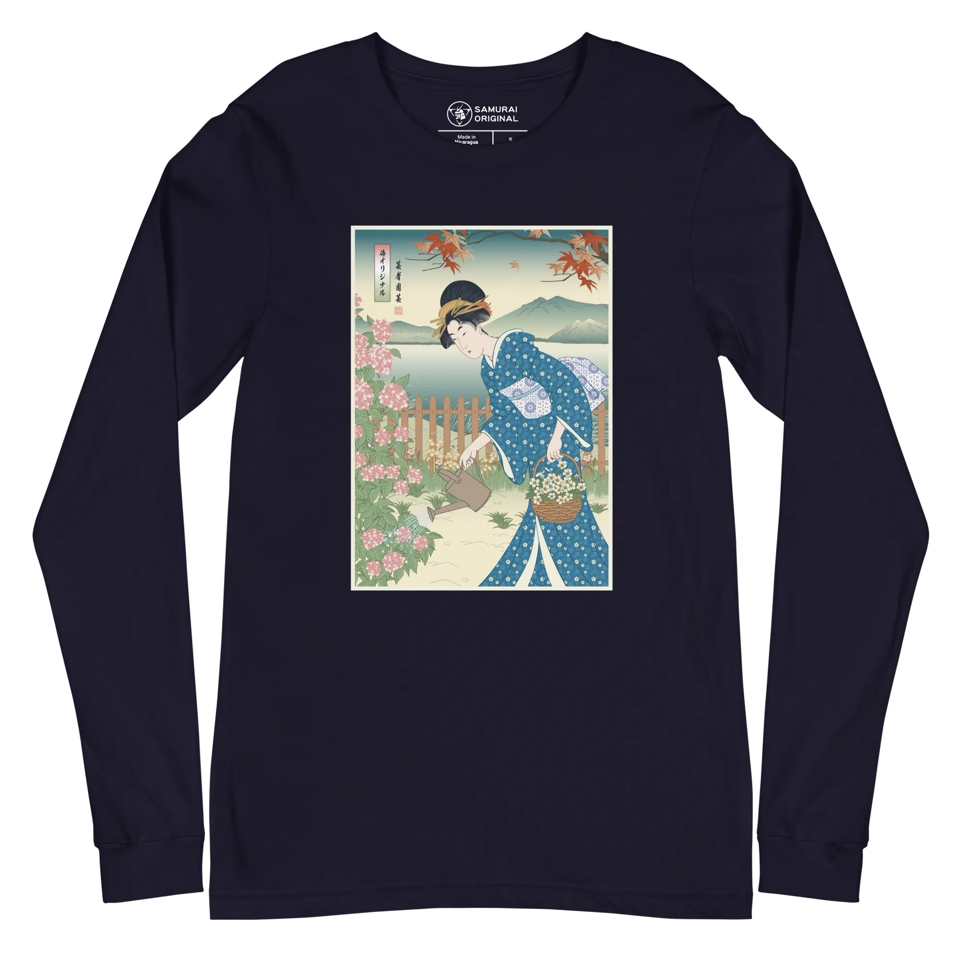 Geisha Gardening Japanese Ukiyo-e Unisex Long Sleeve Tee 3 - Navy / S