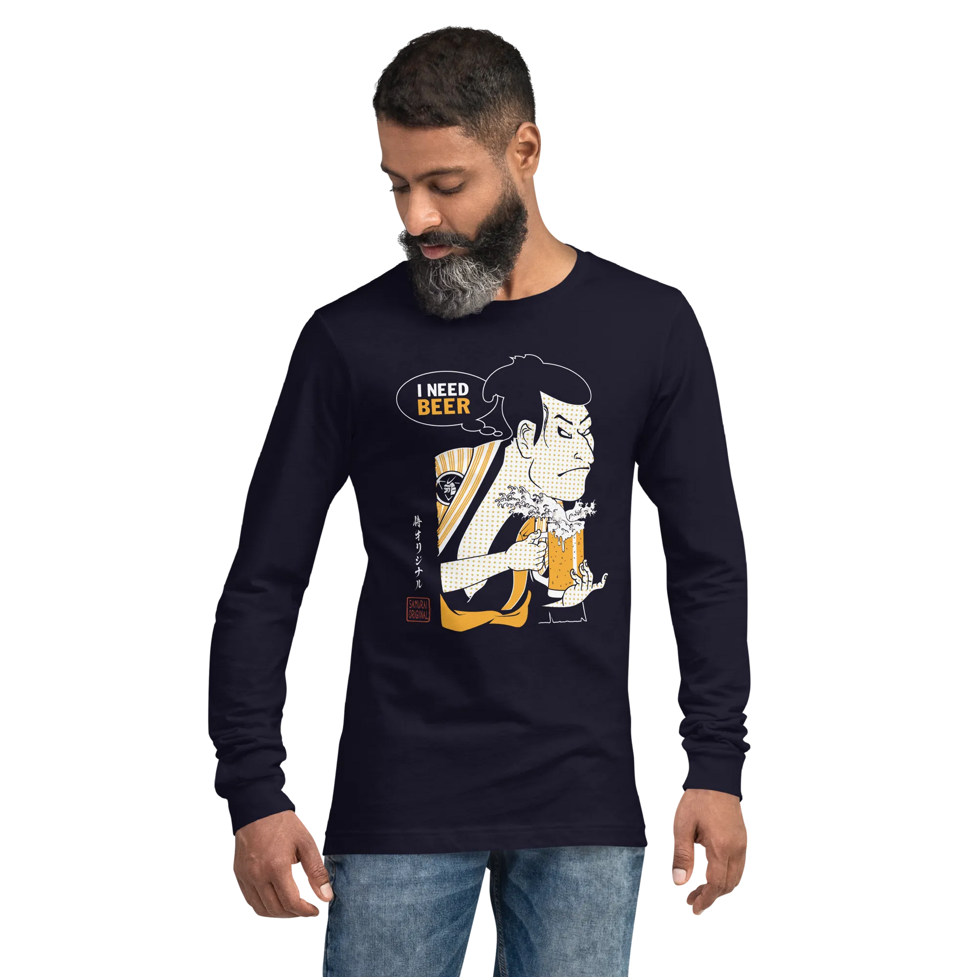 Samurai and Beer I Need Beer Japanese Ukiyo-e Unisex Long Sleeve Tee - Samurai Original