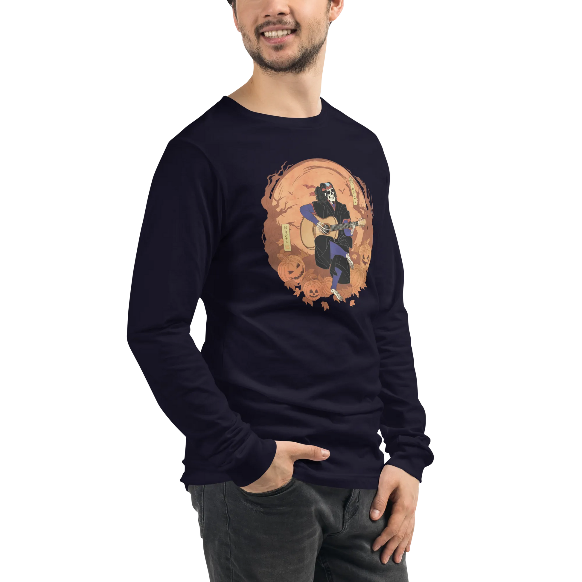 Halloween Skeleton Play Guitar Japanese Ukiyo-e Unisex Long Sleeve Tee -