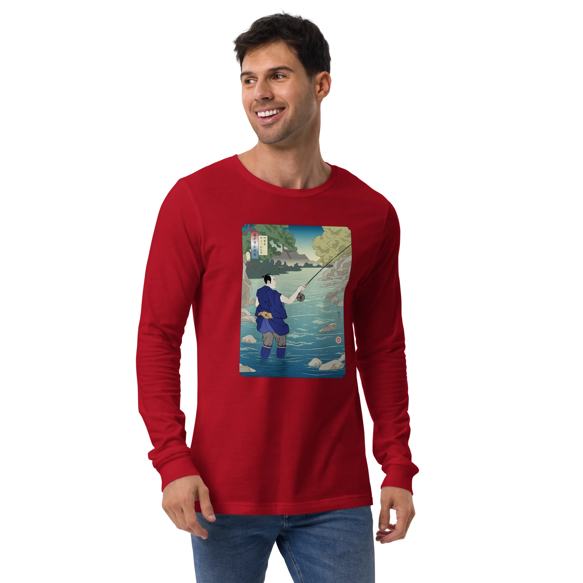 Samurai Fly Fishing Japanese Ukiyo-e Unisex Long Sleeve Tee - Samurai Original