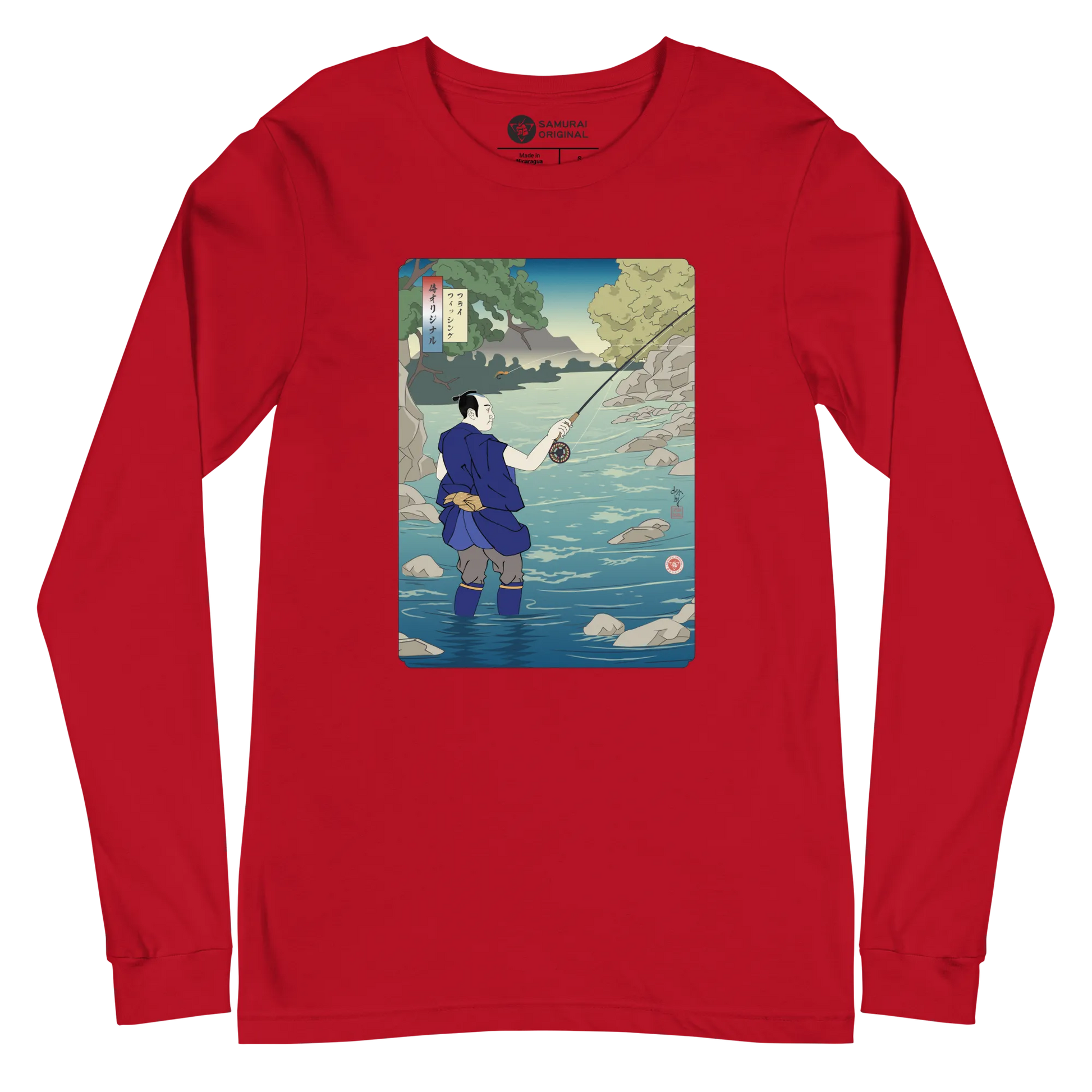 Samurai Fly Fishing Japanese Ukiyo-e Unisex Long Sleeve Tee - Samurai Original