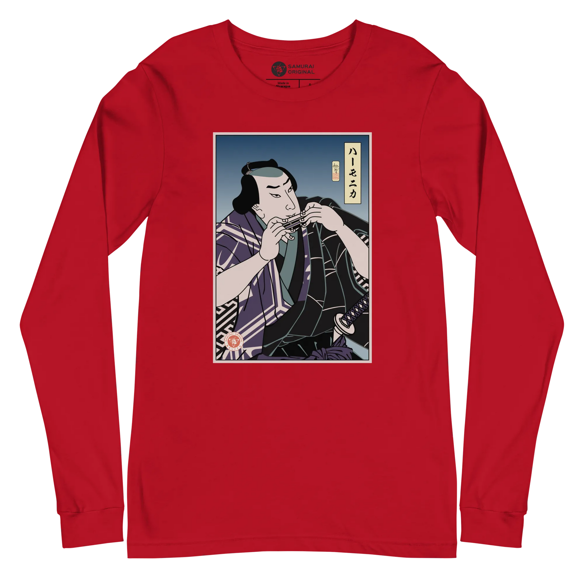 Samurai Harmonica Player Music Ukiyo-e Unisex Long Sleeve Tee - Red / S