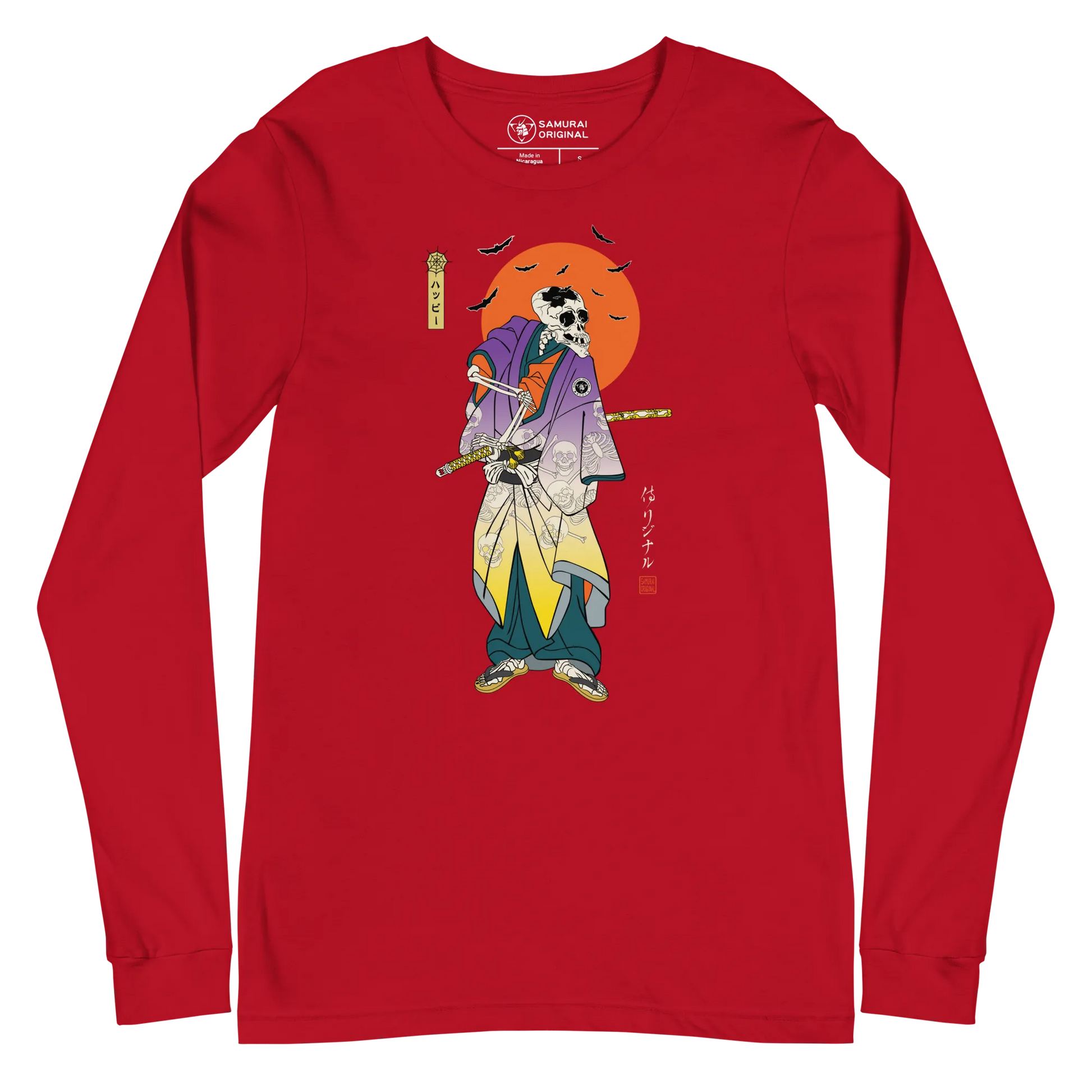 Halloween Samurai Skeleton Japanese Ukiyo-e Unisex Long Sleeve Tee - Red / S