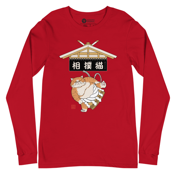 Cat Sumo Japanese Ukiyo-e Unisex Long Sleeve Tee - Red / S