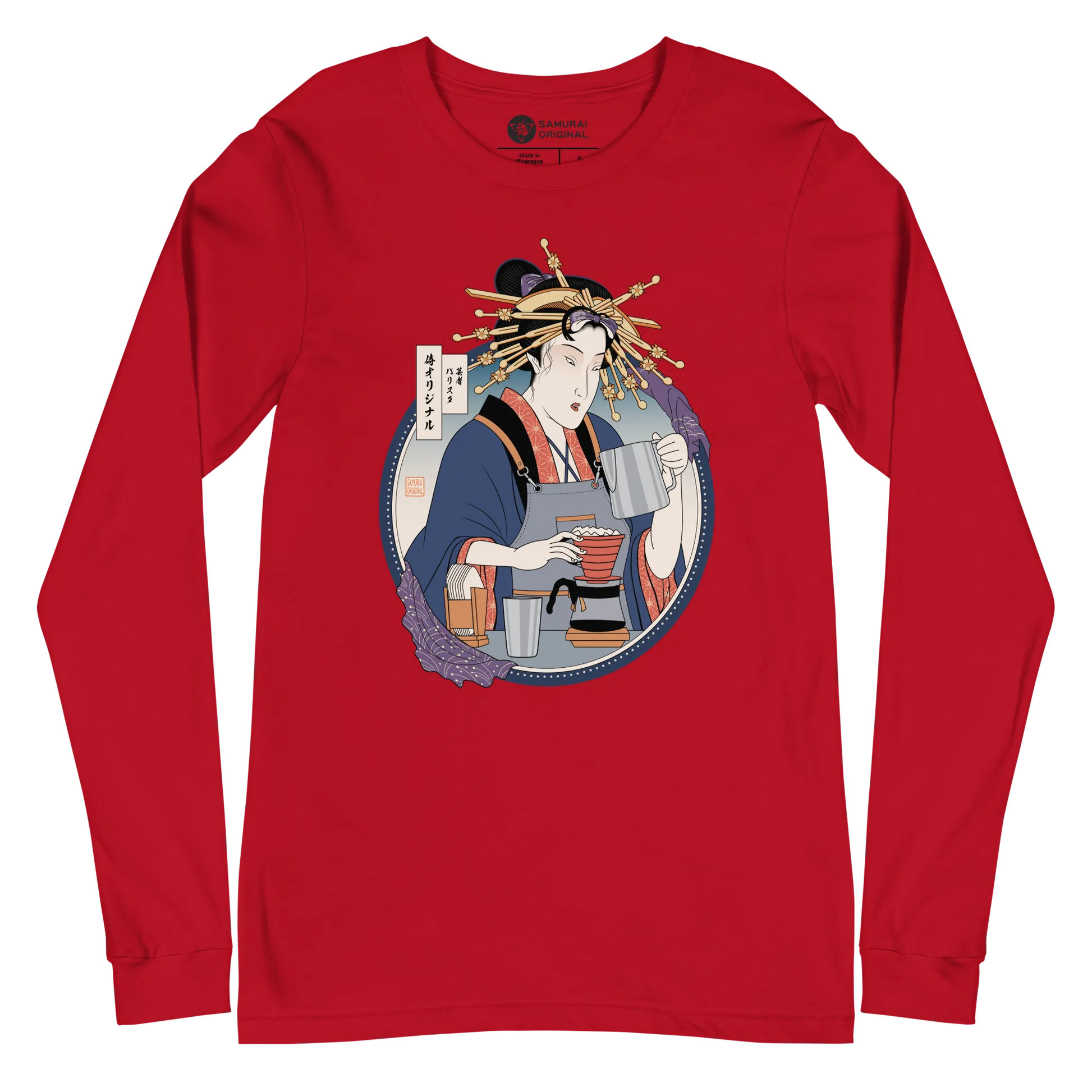 Geisha Barista Ukiyo-e Unisex Long Sleeve Tee - Red / S