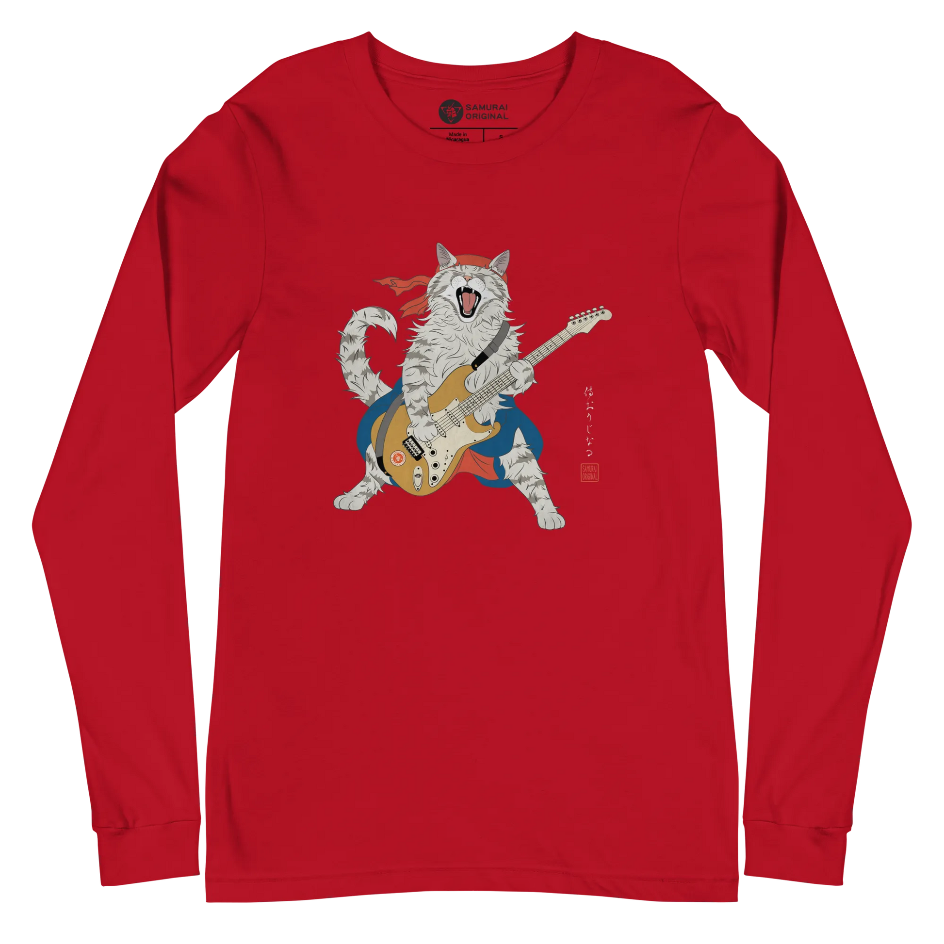 Cat Playing Guitar Japanese Ukiyo-e Unisex Long Sleeve Tee - Red / S