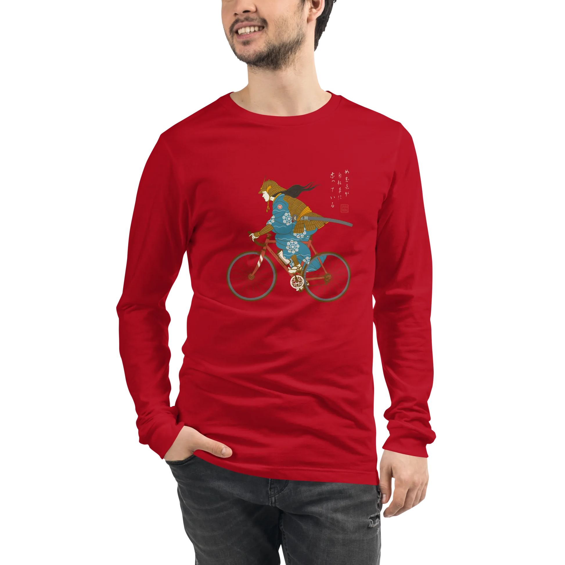 Onna Musha Riding Bicycle Japanese Ukiyo-e Unisex Long Sleeve Tee - Samurai Original