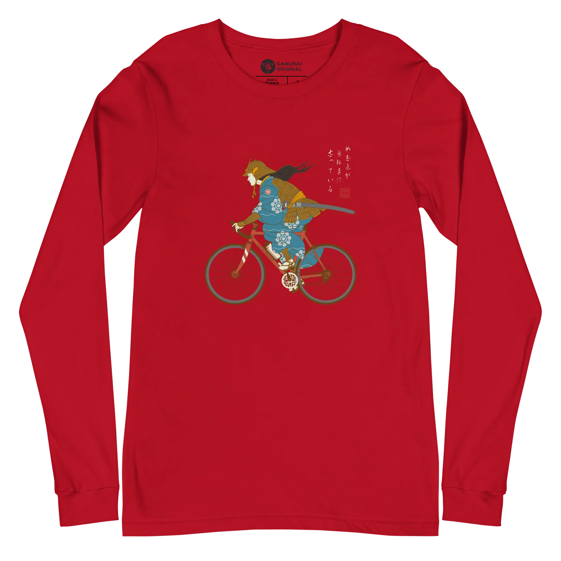 Onna Musha Riding Bicycle Japanese Ukiyo-e Unisex Long Sleeve Tee - Samurai Original