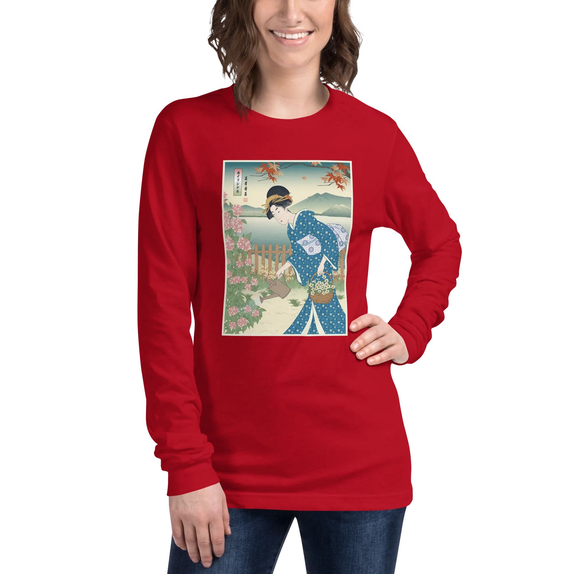 Geisha Gardening Japanese Ukiyo-e Unisex Long Sleeve Tee 3 -