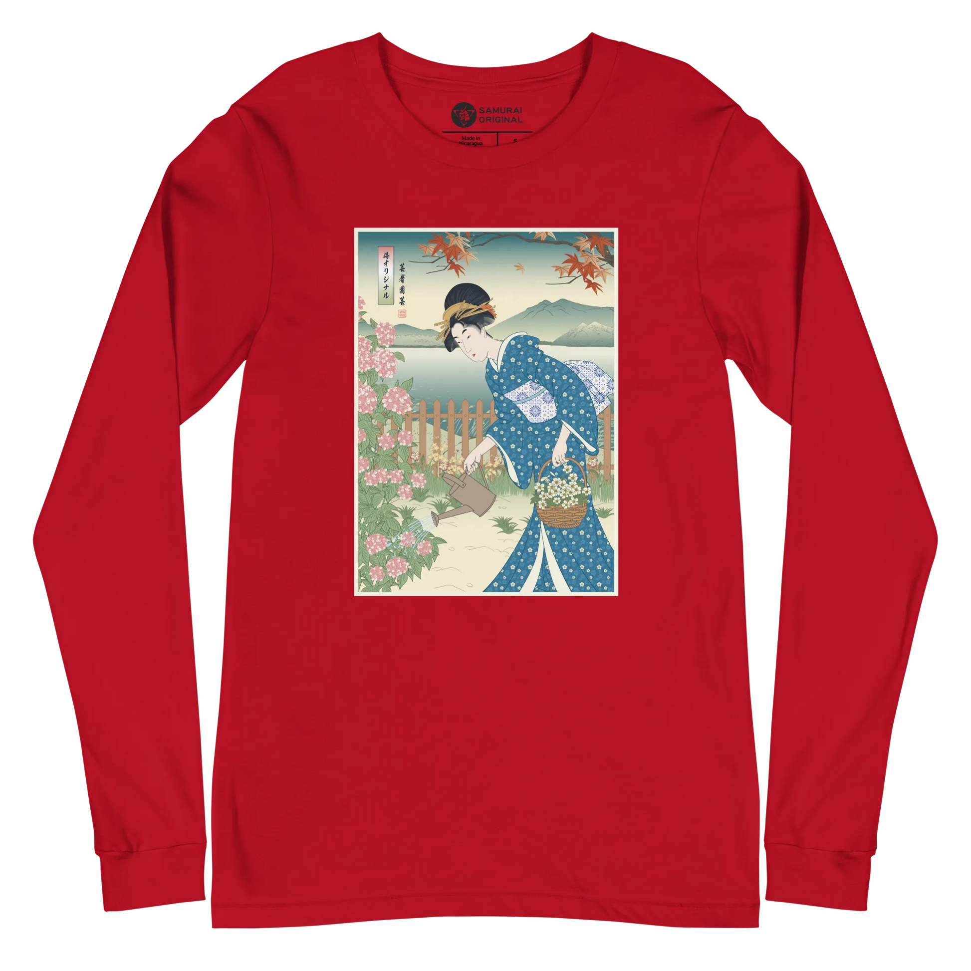 Geisha Gardening Japanese Ukiyo-e Unisex Long Sleeve Tee 3 - Red / S