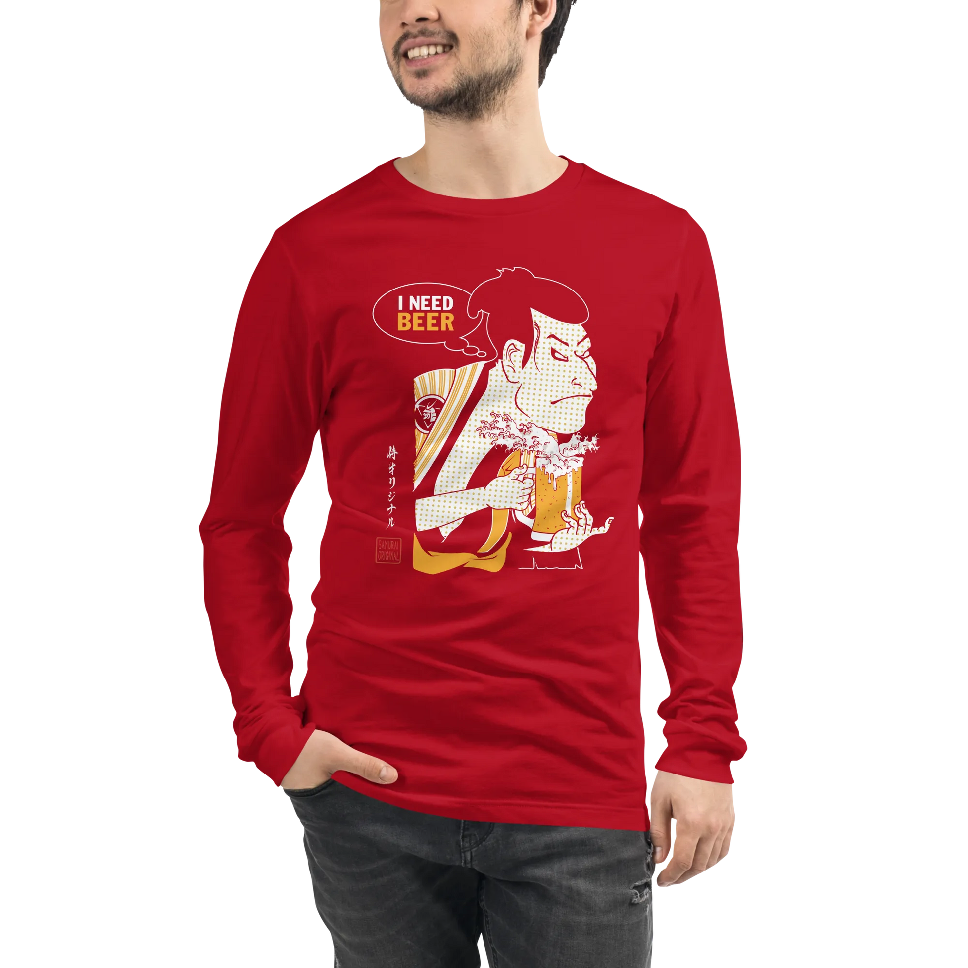 Samurai and Beer I Need Beer Japanese Ukiyo-e Unisex Long Sleeve Tee - Samurai Original