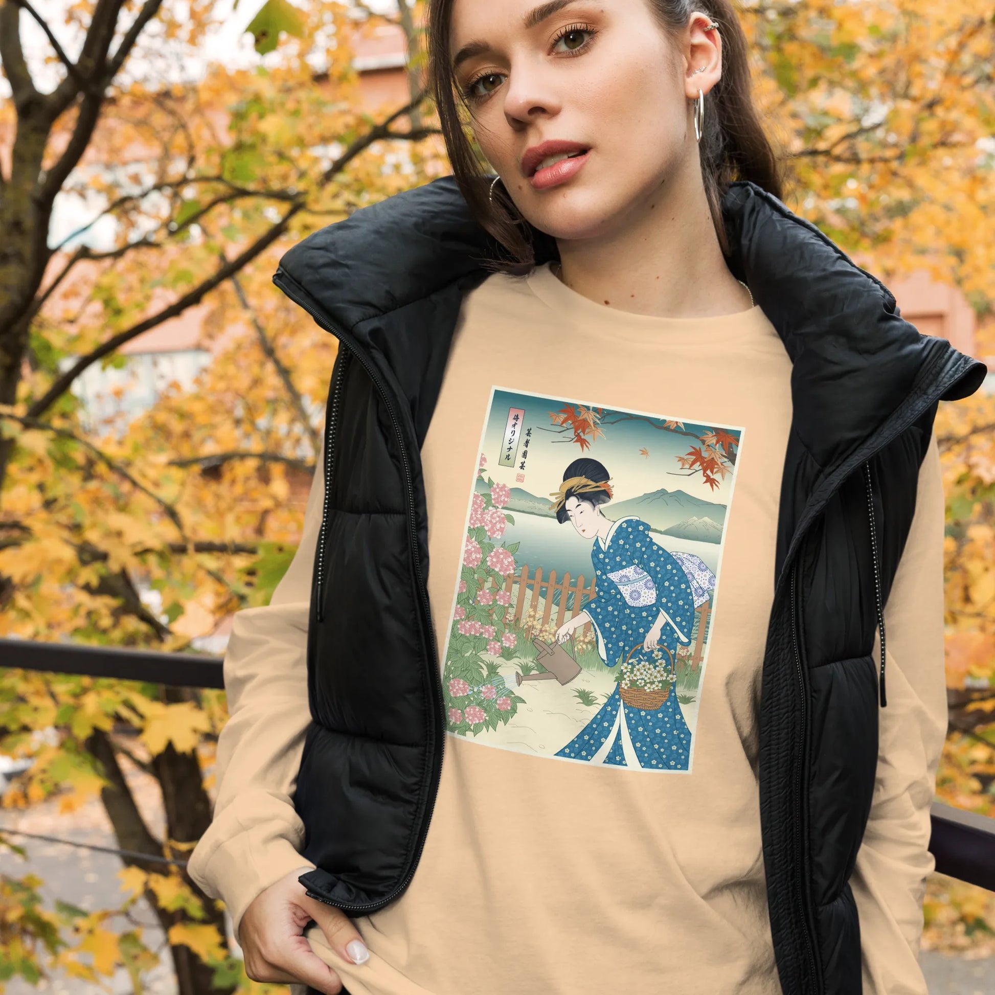 Geisha Gardening Japanese Ukiyo-e Unisex Long Sleeve Tee 3 -