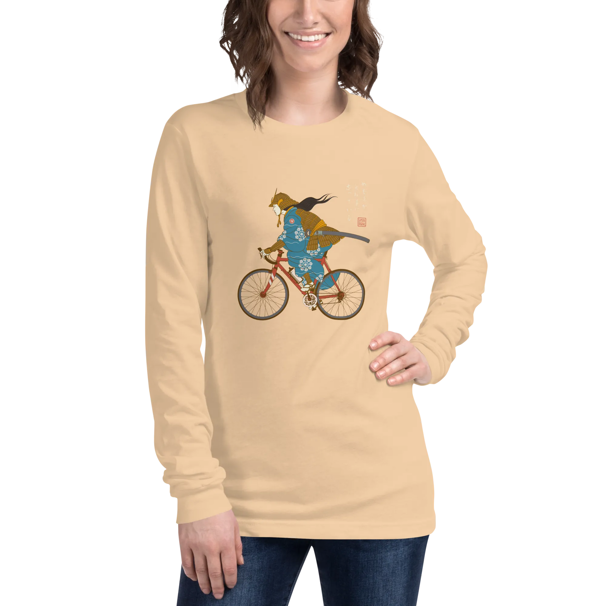 Onna Musha Riding Bicycle Japanese Ukiyo-e Unisex Long Sleeve Tee - Samurai Original