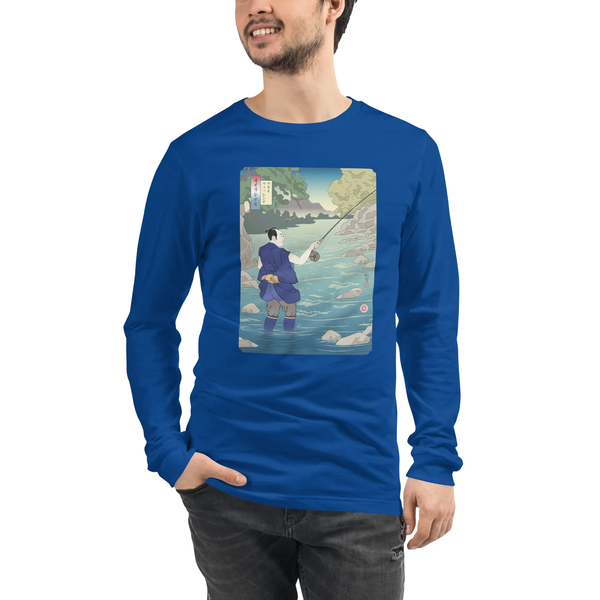 Samurai Fly Fishing Japanese Ukiyo-e Unisex Long Sleeve Tee - Samurai Original