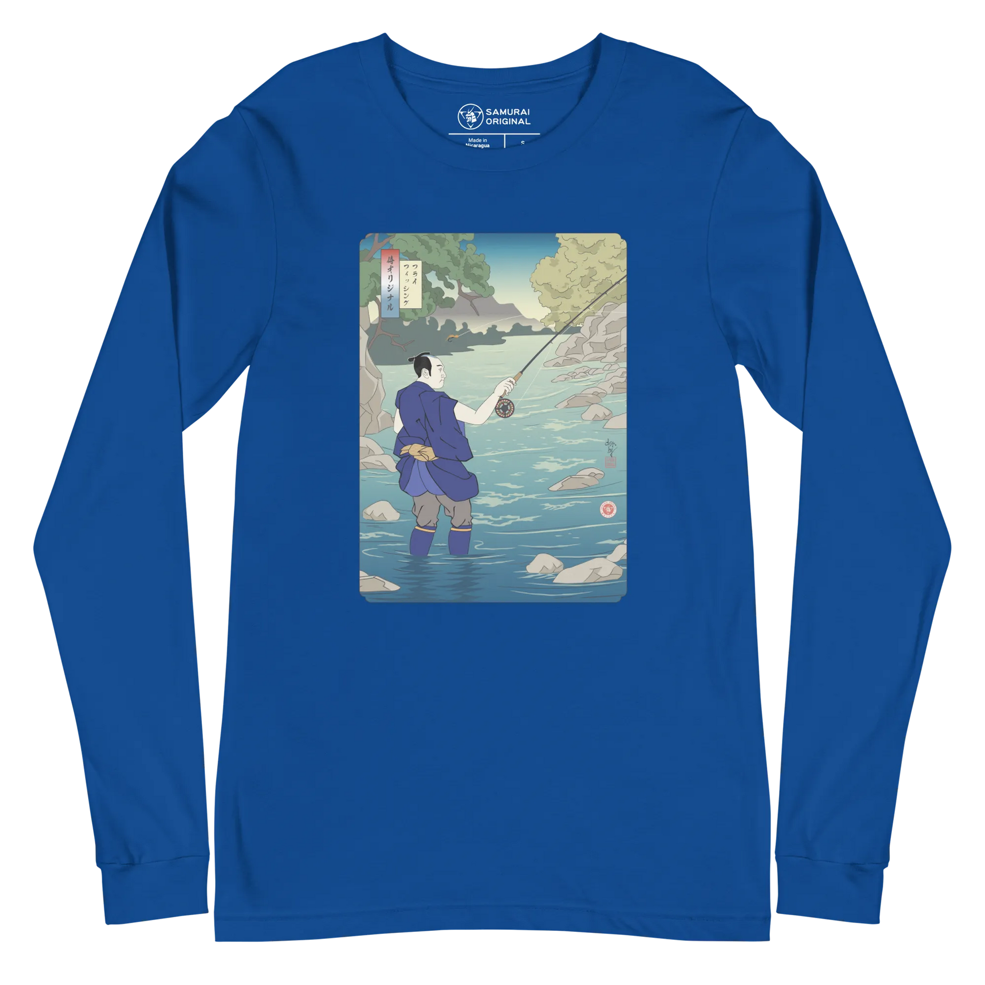 Samurai Fly Fishing Japanese Ukiyo-e Unisex Long Sleeve Tee - Samurai Original