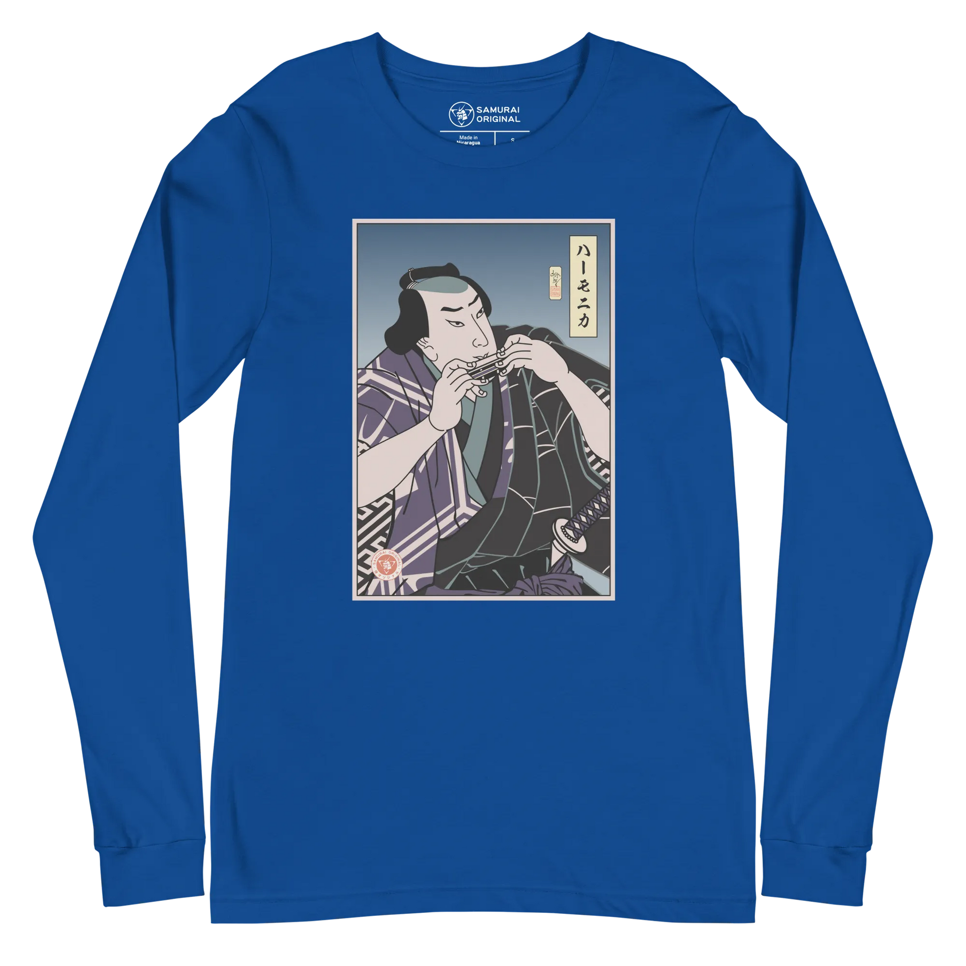 Samurai Harmonica Player Music Ukiyo-e Unisex Long Sleeve Tee - True Royal / S