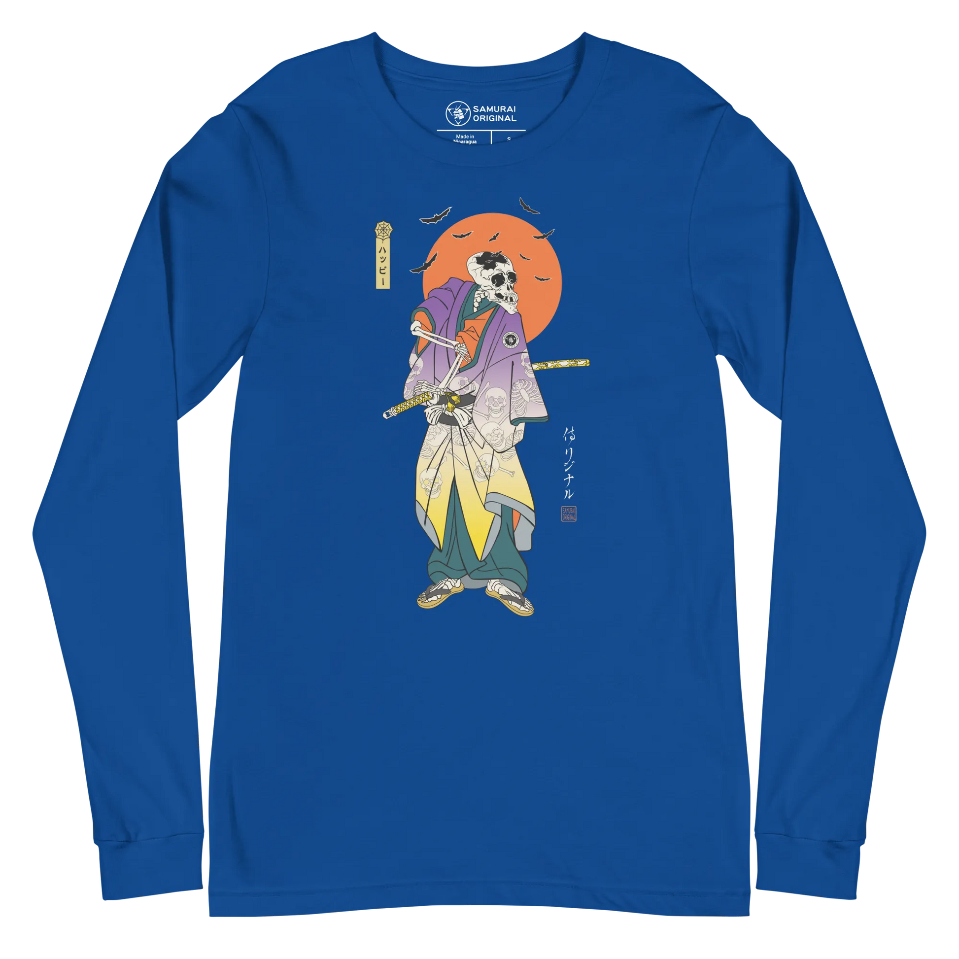 Halloween Samurai Skeleton Japanese Ukiyo-e Unisex Long Sleeve Tee - True Royal / S