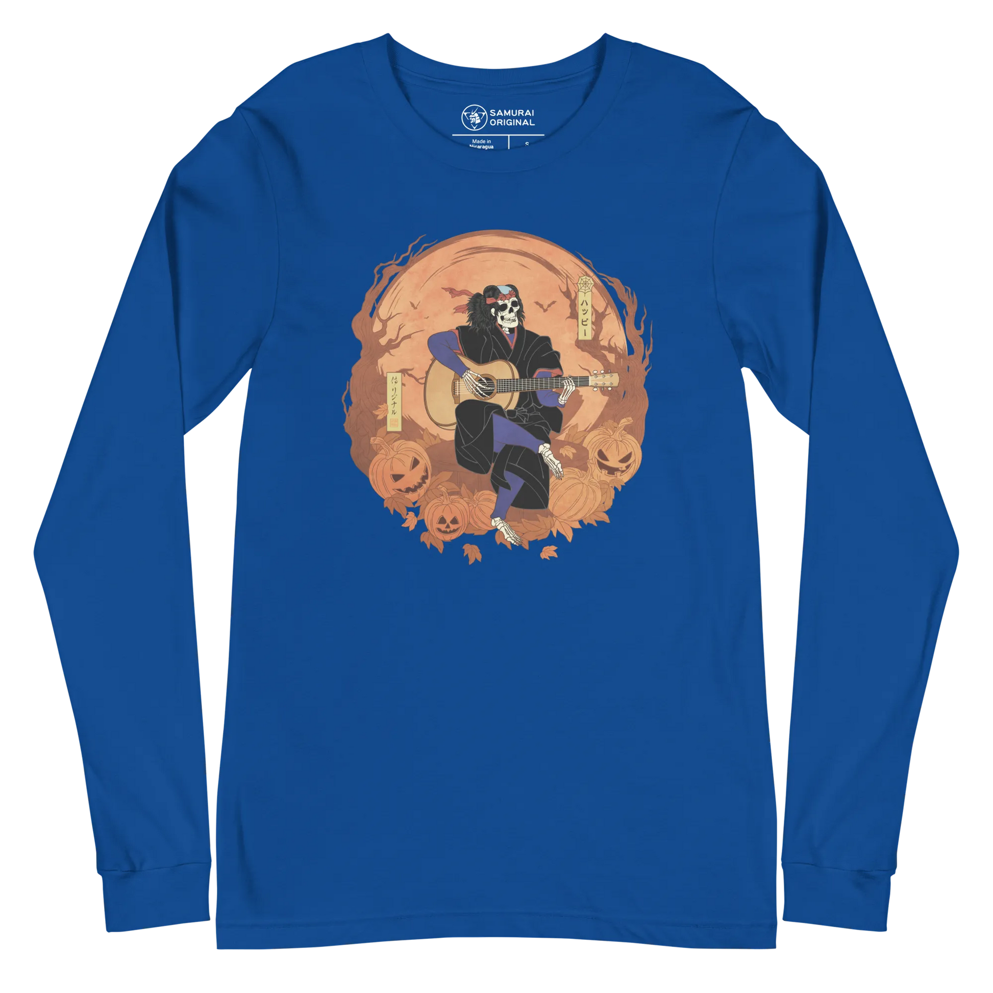 Halloween Skeleton Play Guitar Japanese Ukiyo-e Unisex Long Sleeve Tee - True Royal / S