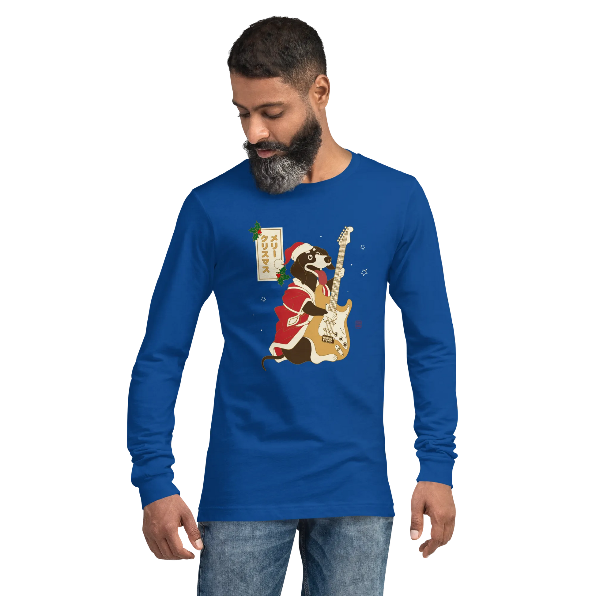 Dachshund Play Guitar Christmas Japanese Ukiyo-e Unisex Long Sleeve Tee -