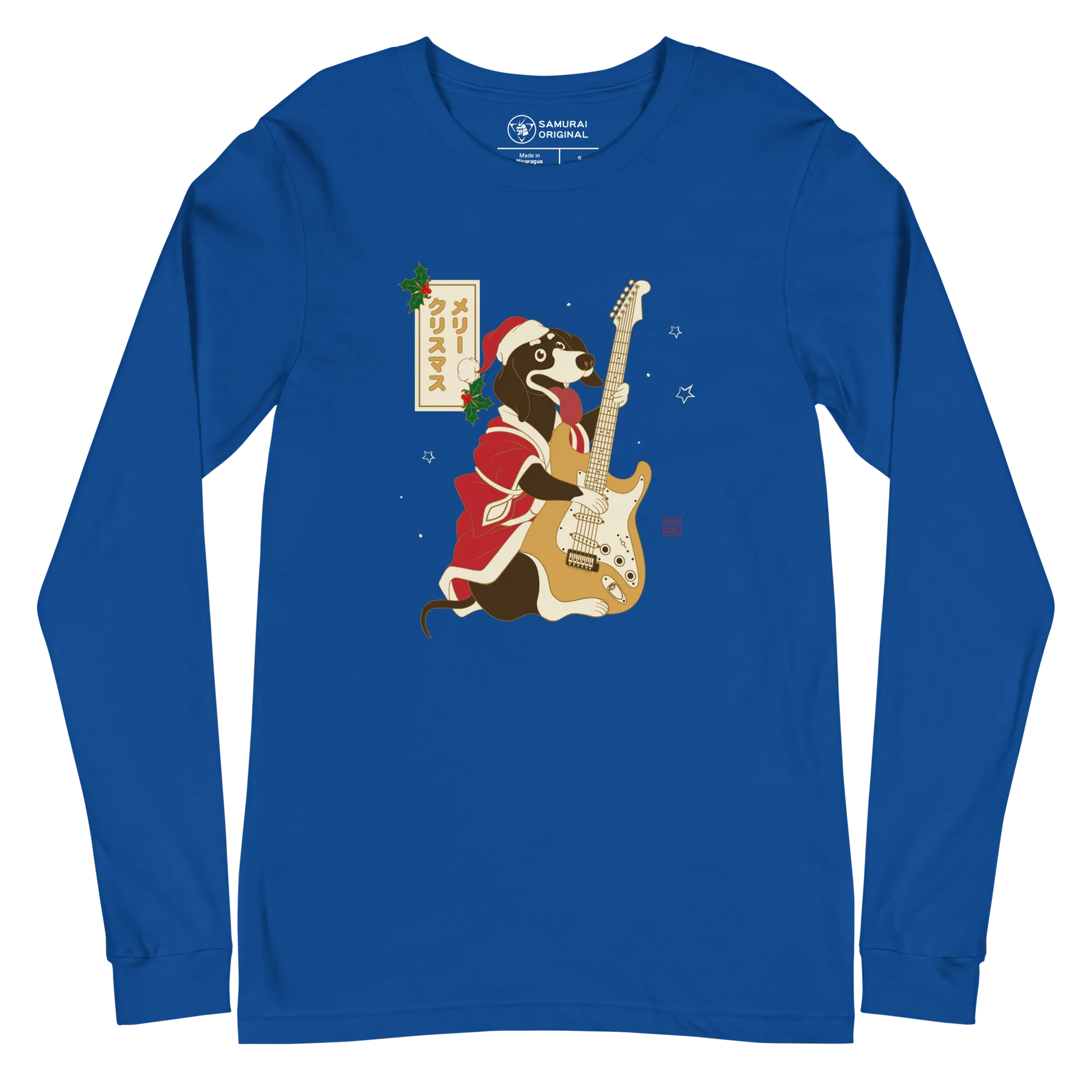 Dachshund Play Guitar Christmas Japanese Ukiyo-e Unisex Long Sleeve Tee - True Royal / S