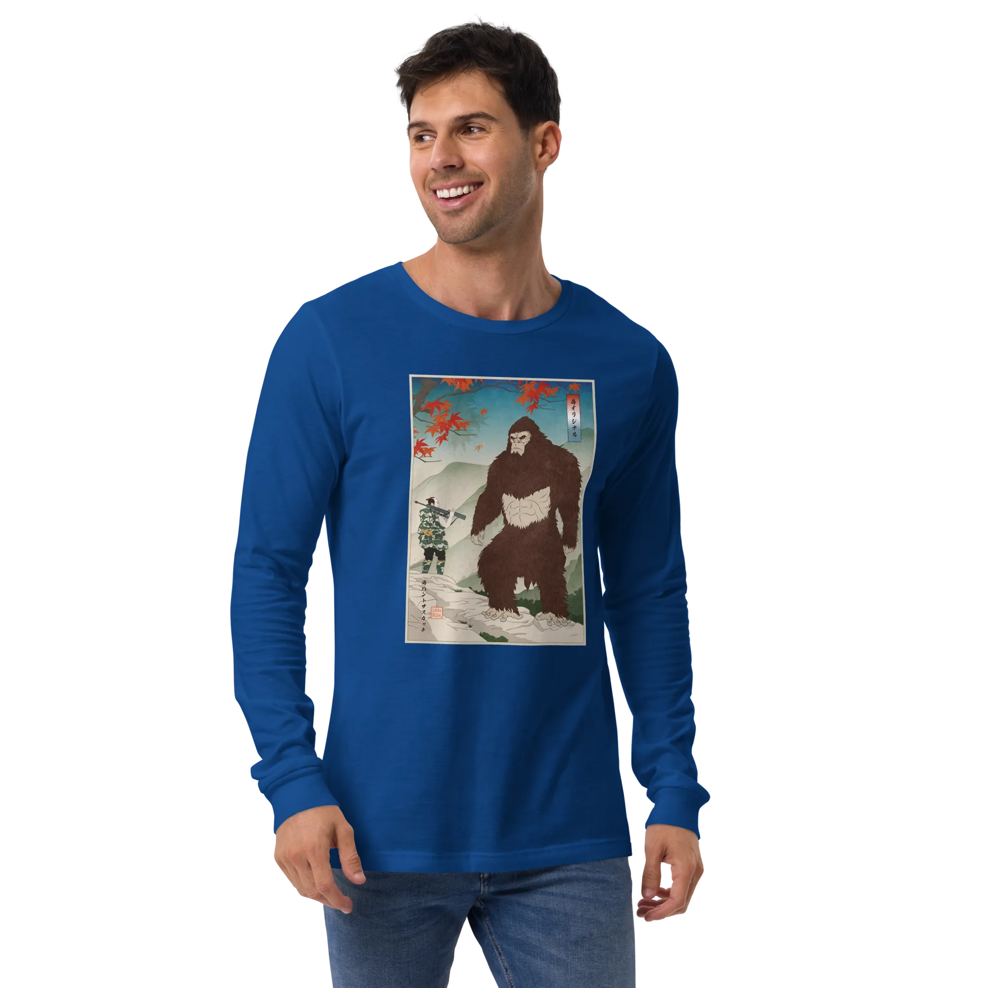 Samurai Hunts Sasquatch Japanese Ukiyo-e Unisex Long Sleeve Tee -