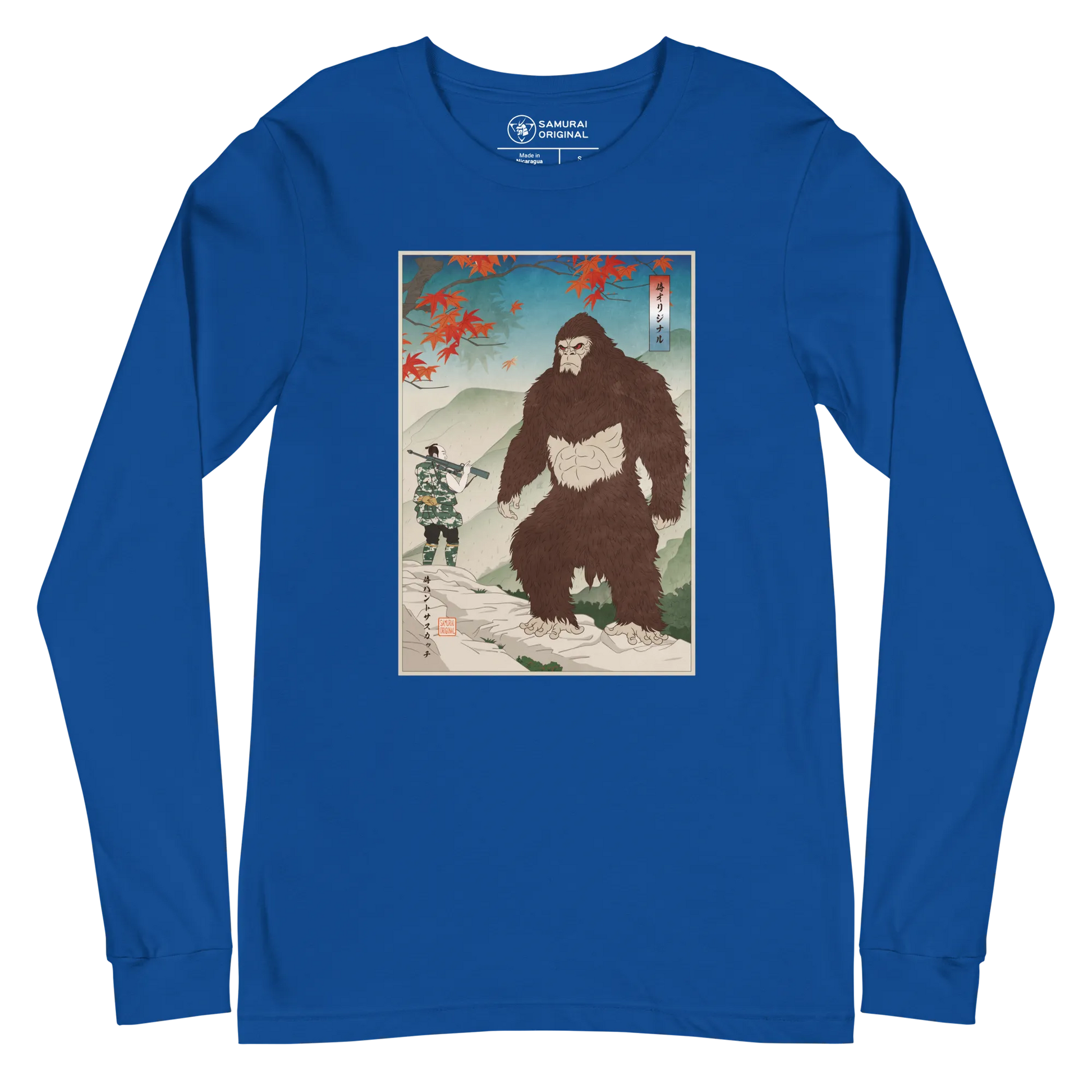 Samurai Hunts Sasquatch Japanese Ukiyo-e Unisex Long Sleeve Tee - True Royal / S