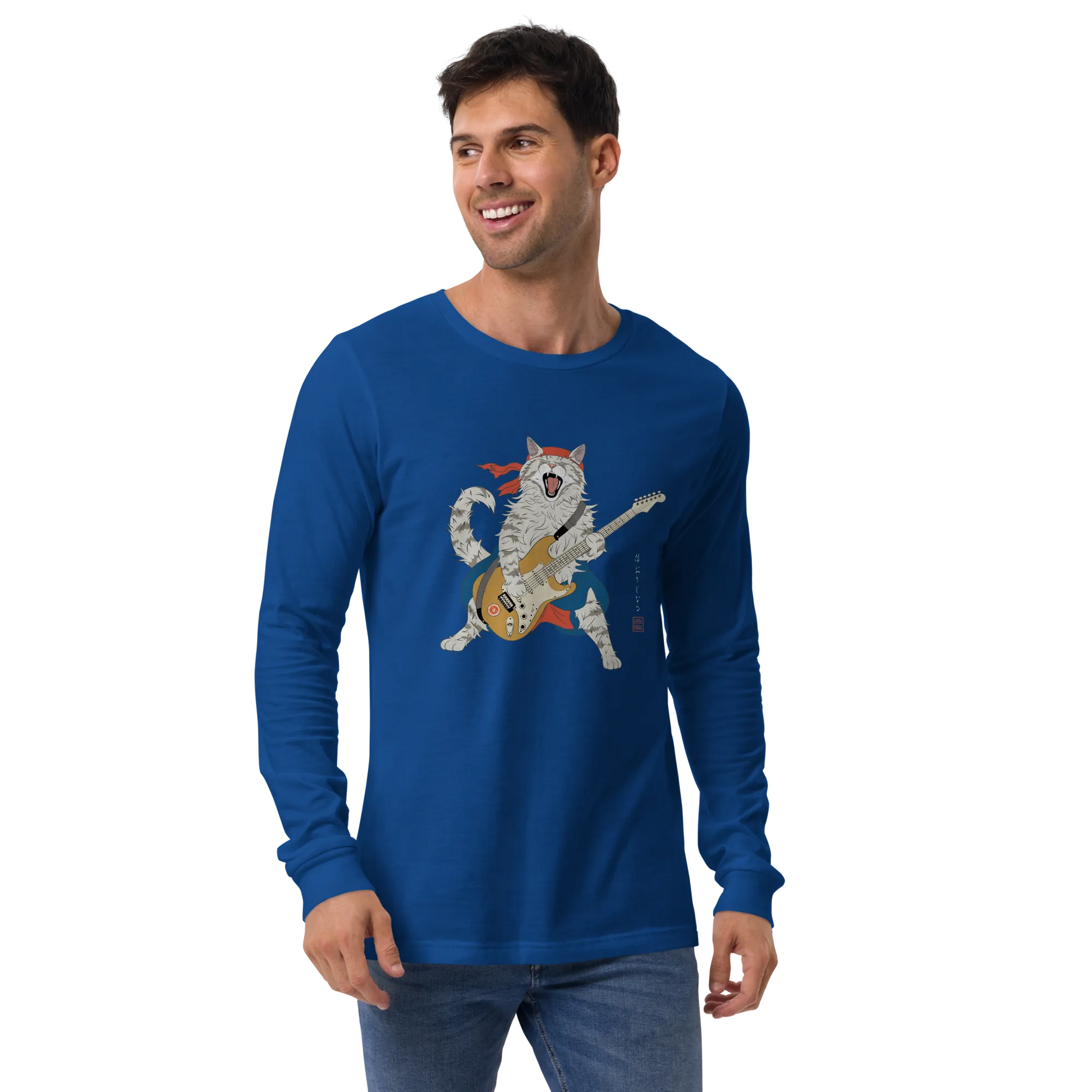 Cat Playing Guitar Japanese Ukiyo-e Unisex Long Sleeve Tee -