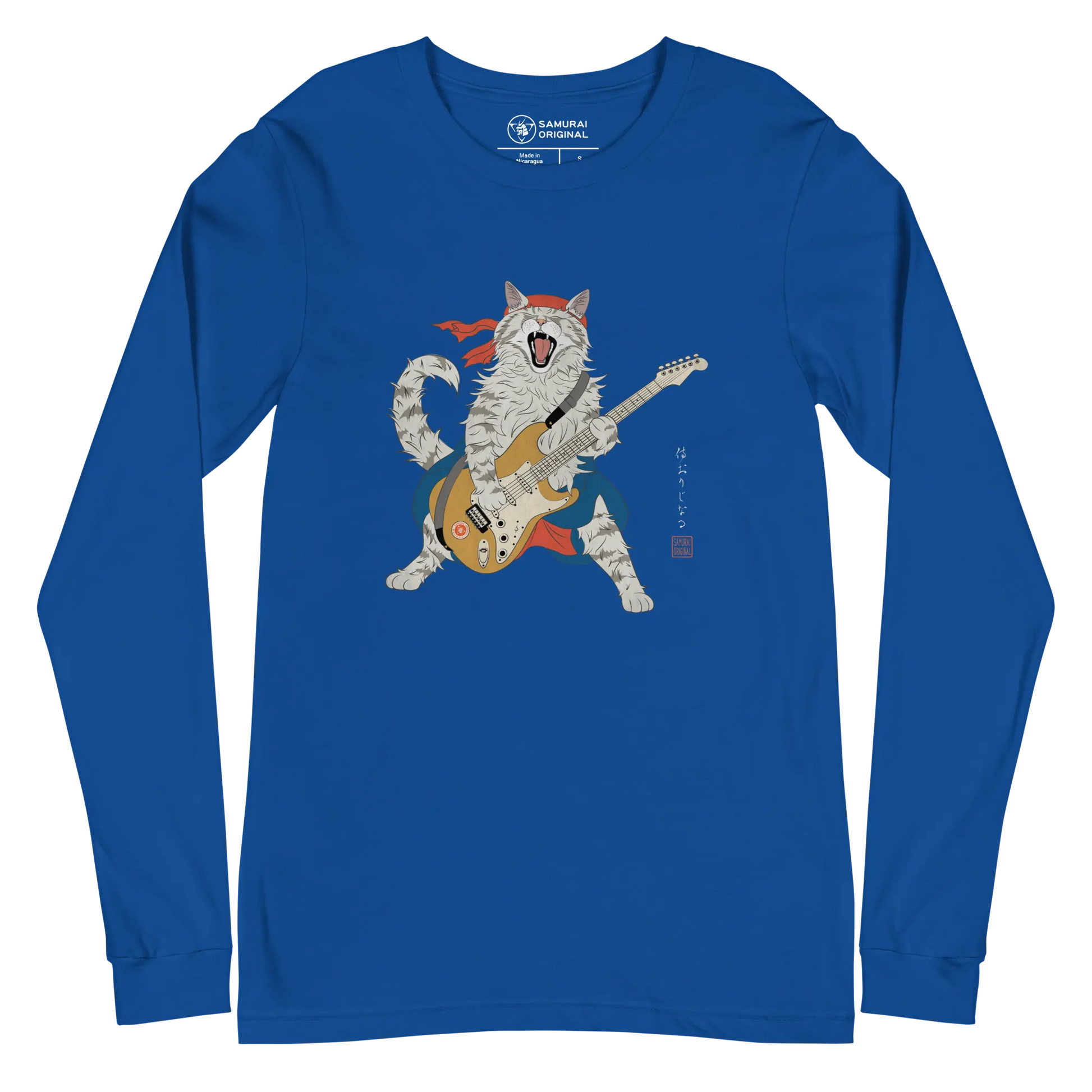 Cat Playing Guitar Japanese Ukiyo-e Unisex Long Sleeve Tee - True Royal / S