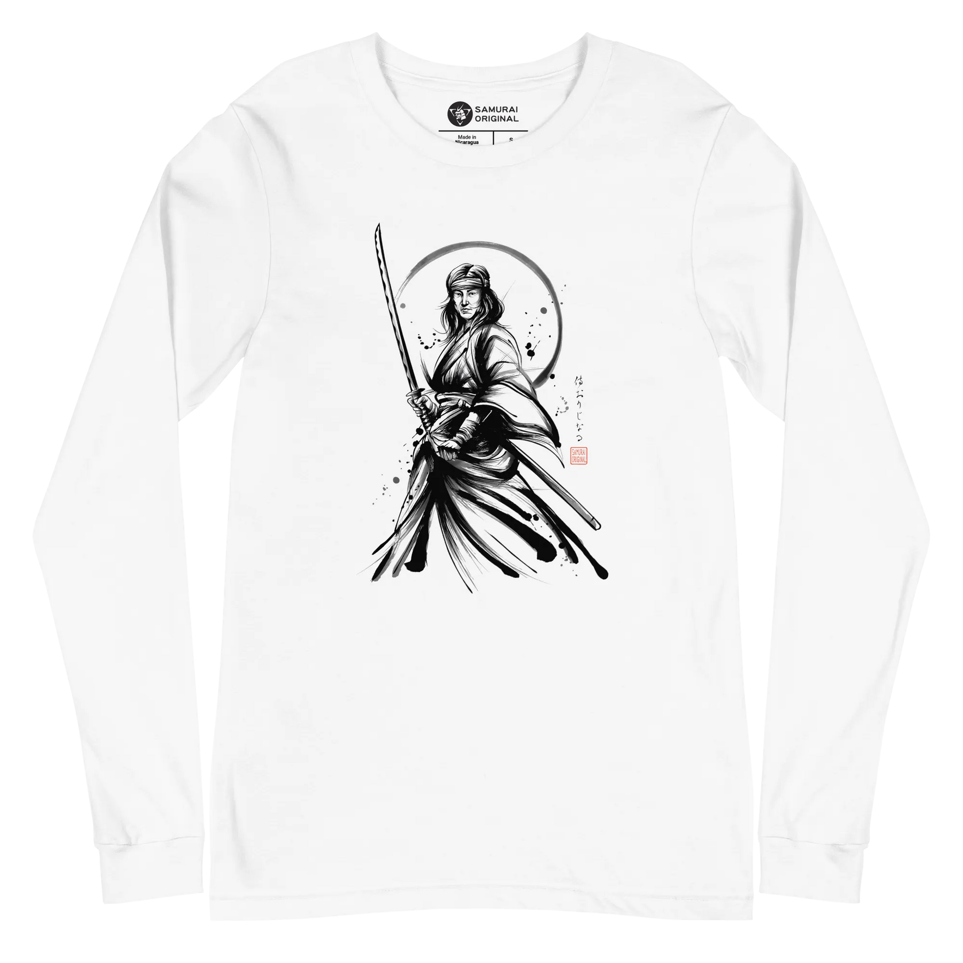 Female Samurai Sumi-e Japanese Ink Unisex Long Sleeve Tee - White / S