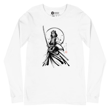 Female Samurai Sumi-e Japanese Ink Unisex Long Sleeve Tee - White / S