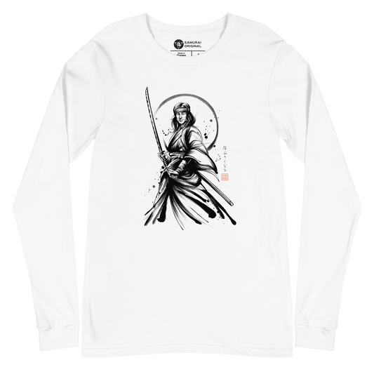 Female Samurai Sumi-e Japanese Ink Unisex Long Sleeve Tee - White / S