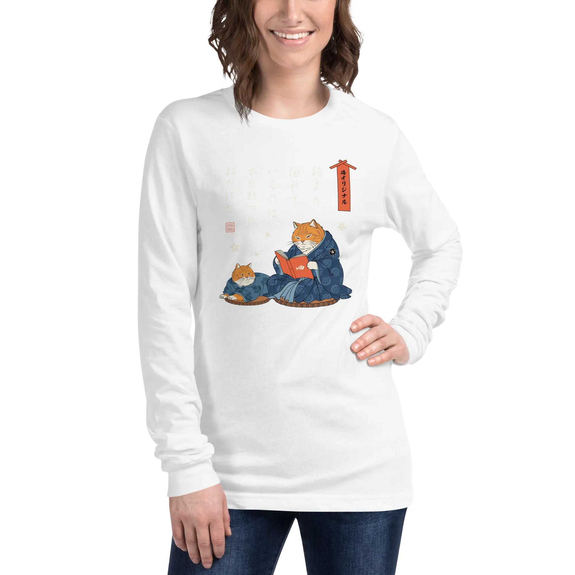 Cat Reading Books Japanese Ukiyo-e Unisex Long Sleeve Tee 2 -