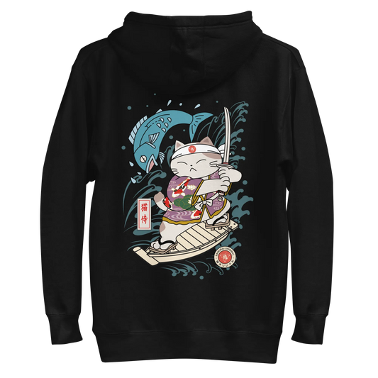 Samurai Cat Love Fish 2 Ukiyo-e Funny Unisex Hoodie