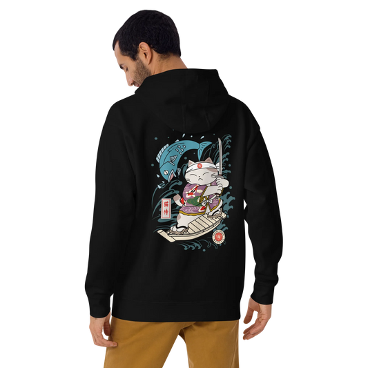 Samurai Cat Love Fish 2 Ukiyo-e Funny Unisex Hoodie