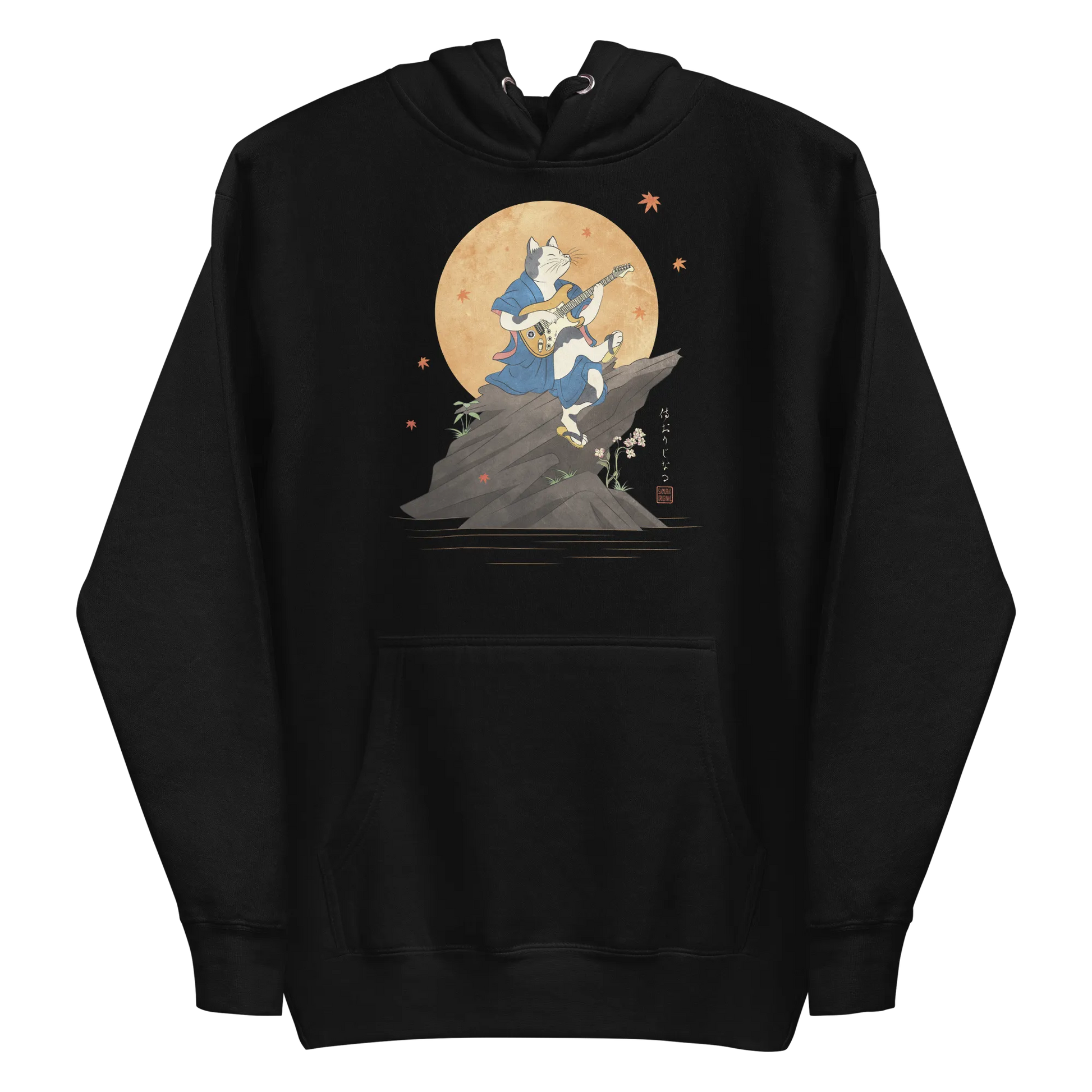 Cat Playing Guitar Japanese Ukiyo-e Unisex Hoodie 2 - Black / S