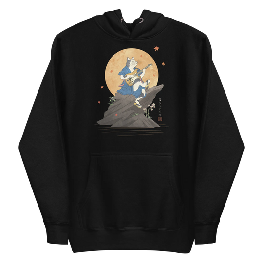 Cat Playing Guitar Japanese Ukiyo-e Unisex Hoodie 2 - Black / S