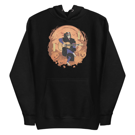 Halloween Skeleton Play Guitar Japanese Ukiyo-e Unisex Hoodie - Black / S