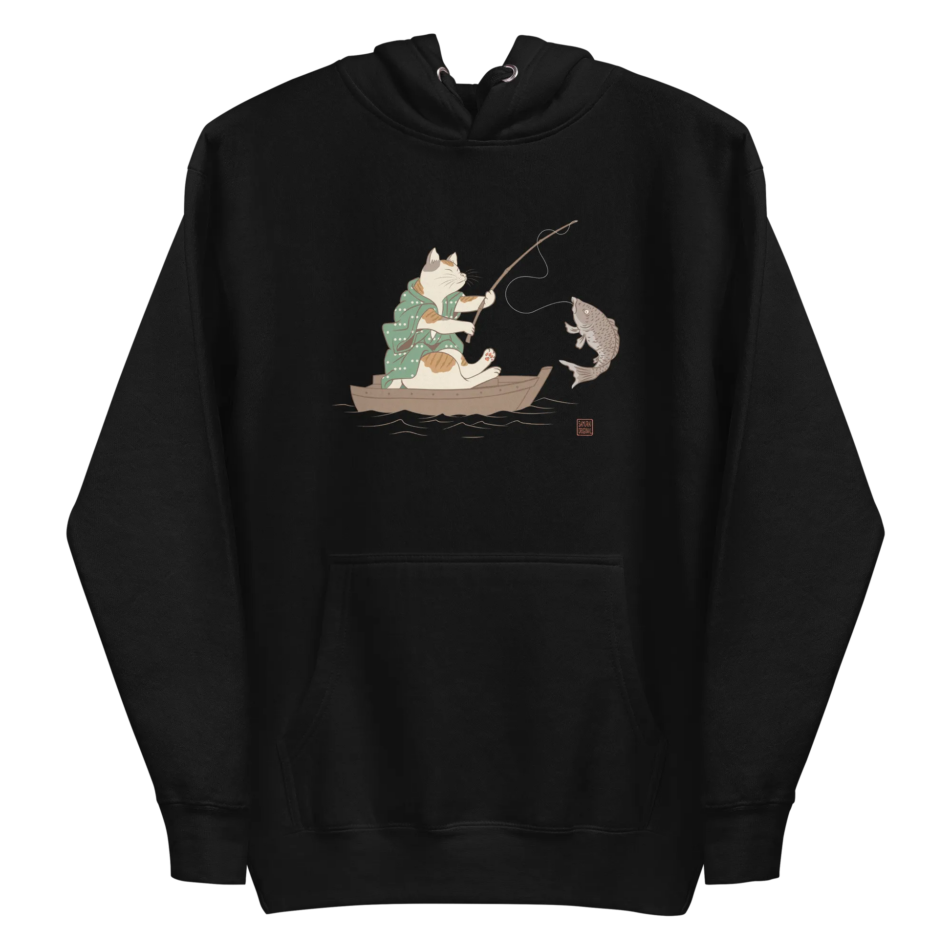 Cat Fishing Funny Japanese Ukiyo-e Unisex Hoodie - Black / S